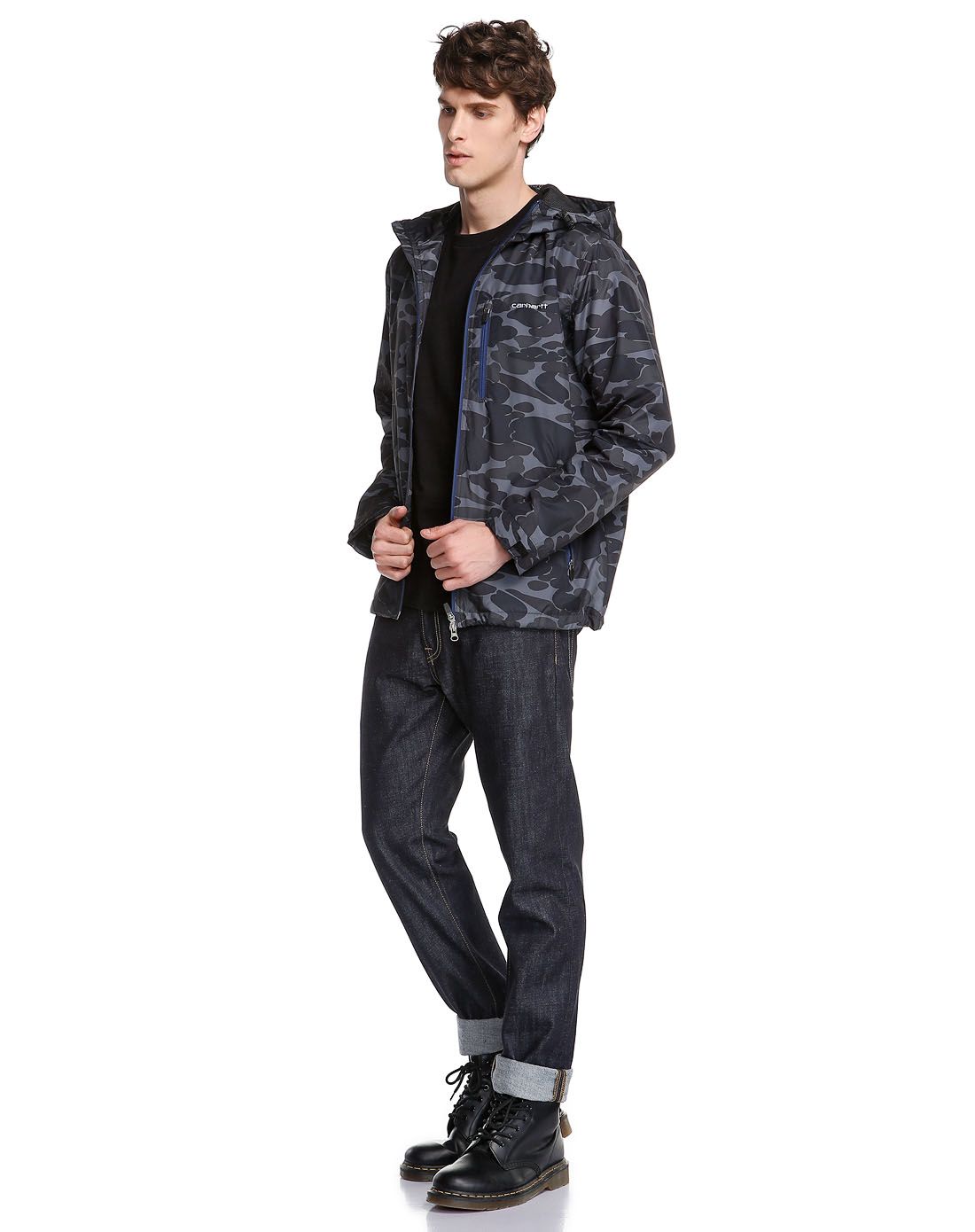 carhartt wip 防风防泼水 男款黑配青灰色长袖外套 连帽迷彩