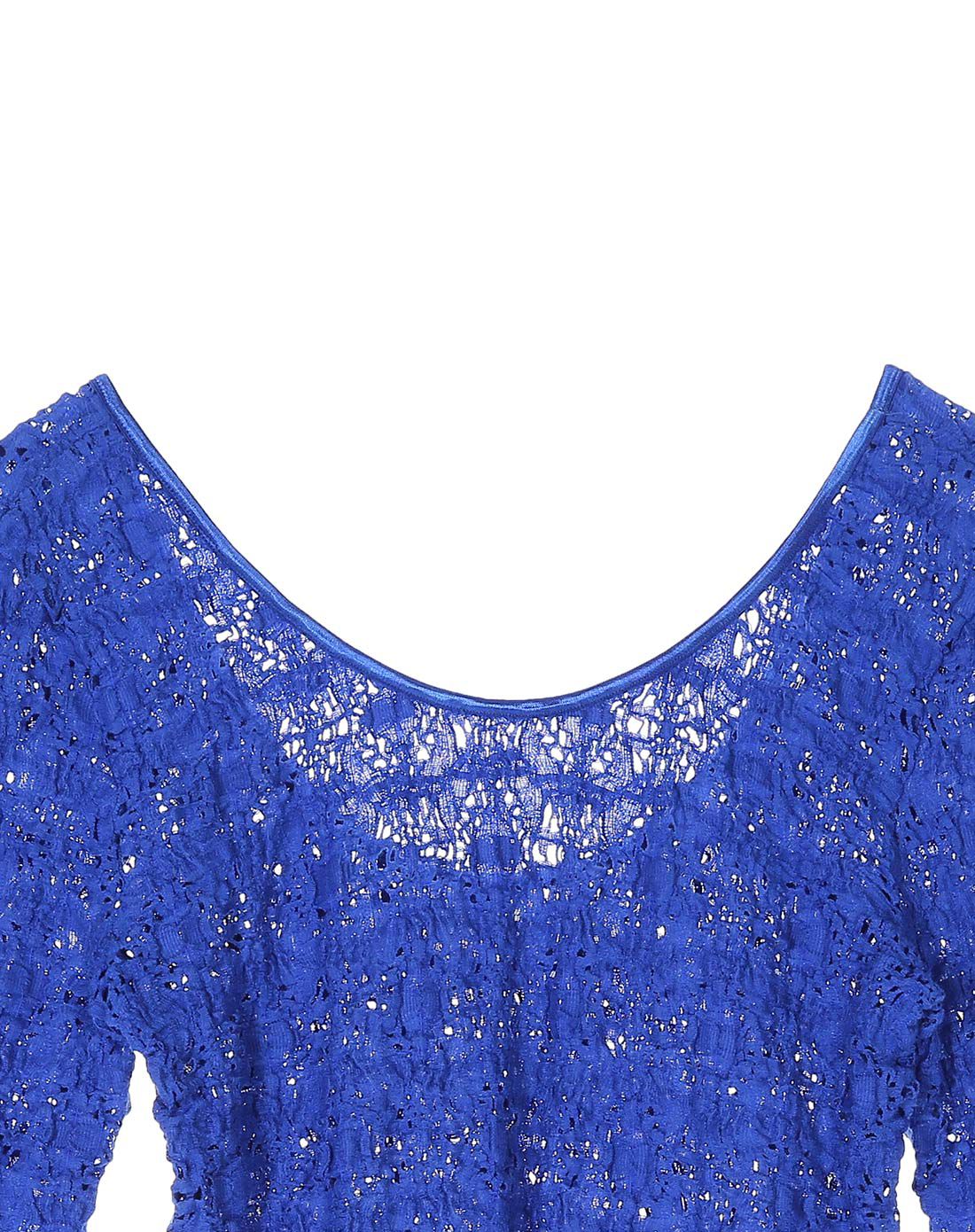 彩蓝色褶皱蕾丝三角拼接t恤