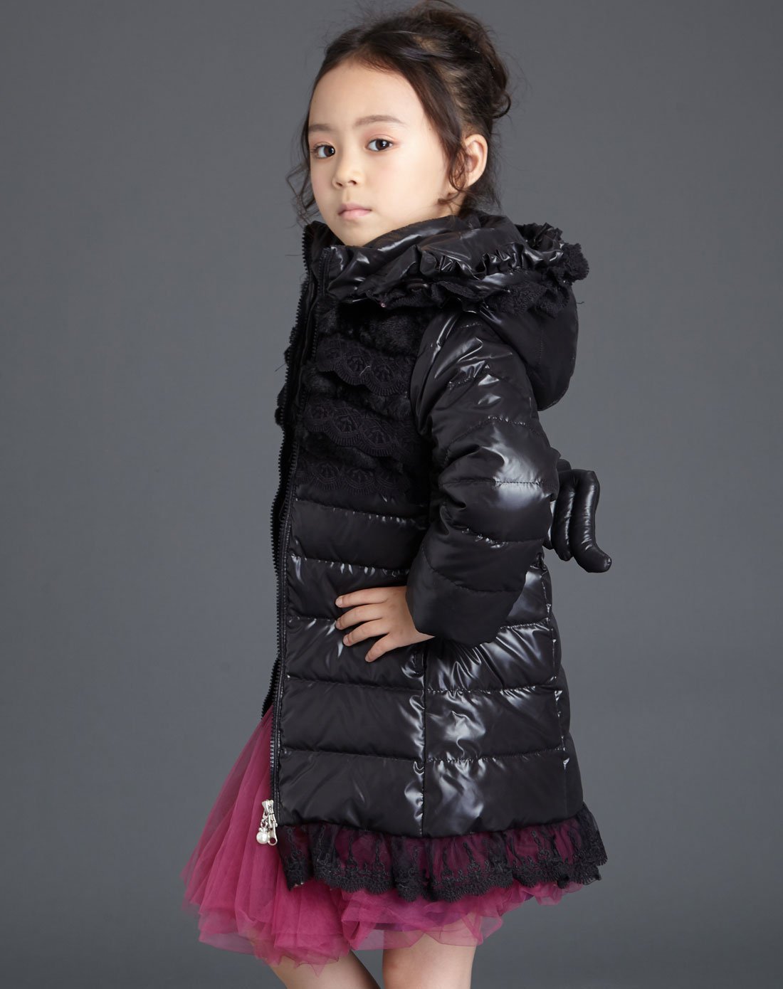 大童 女童 黑色 中长款羽绒服