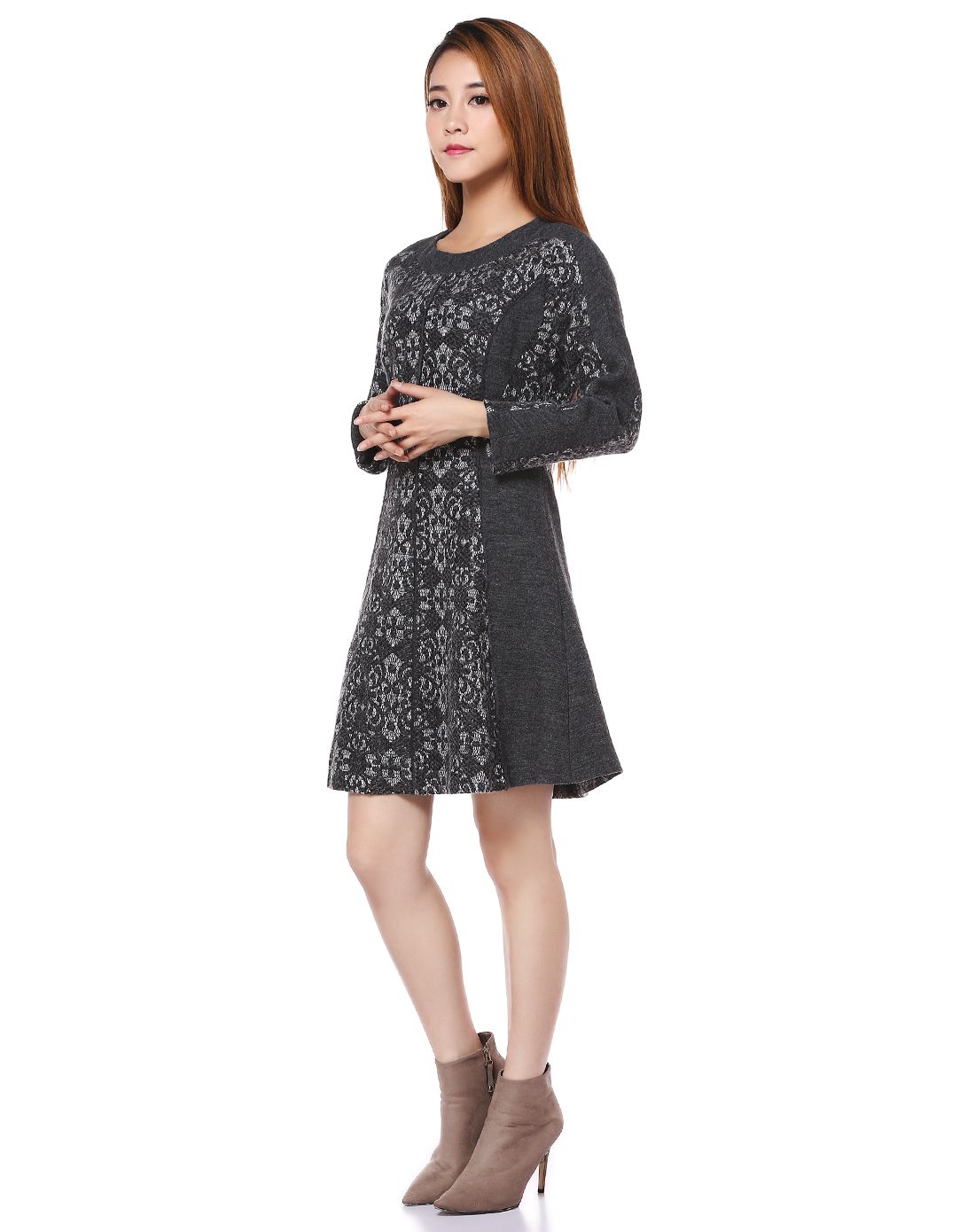 & coiincos女装onon安乃安灰色甜美淑女长袖连衣裙nw5wo794-12_唯品