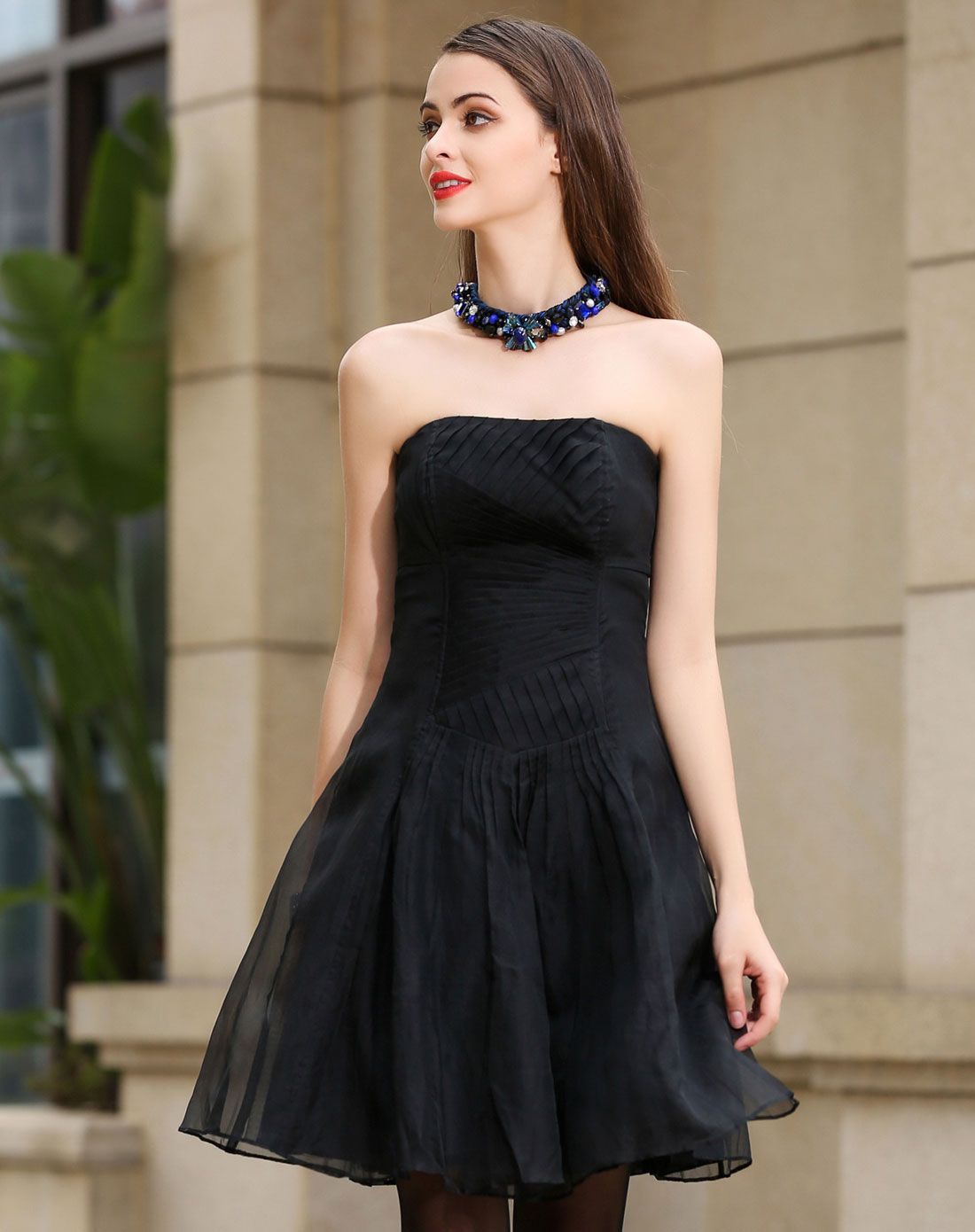 evona黑色气质优雅抹胸连衣裙( 聚会专配)se96614-60_唯品会