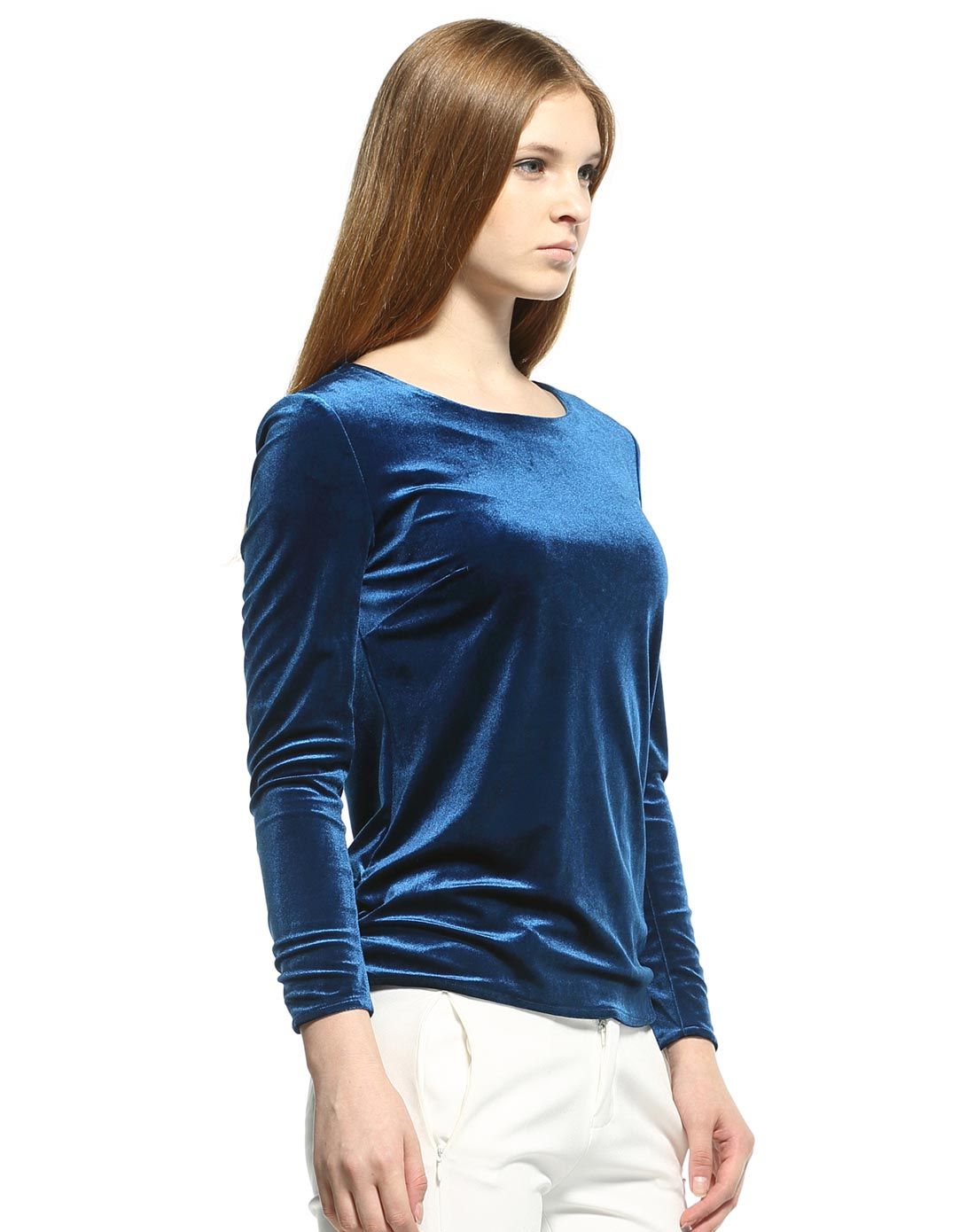 暗青色丝绒长袖衬衫