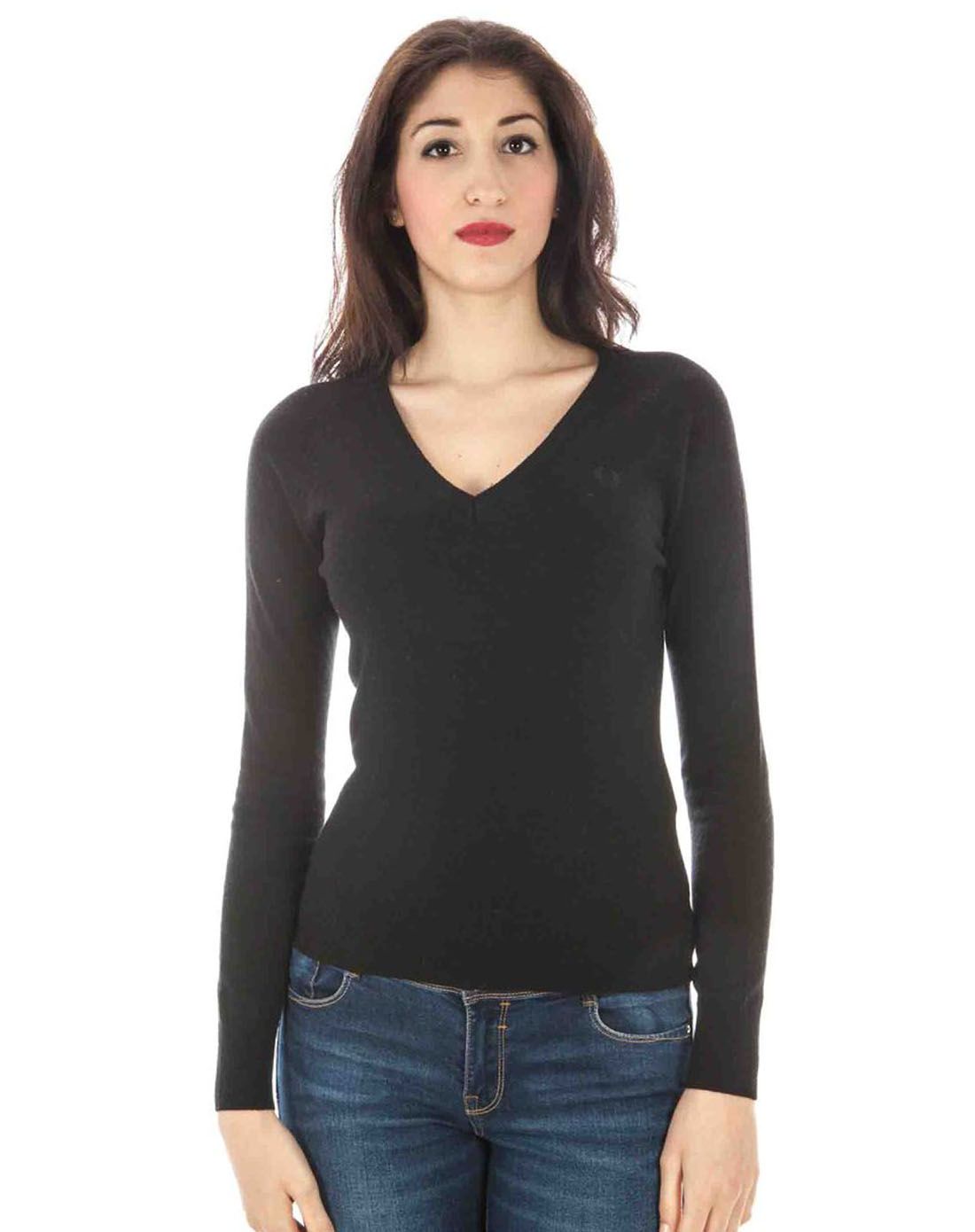 > fred perry 女装黑色v领时尚长袖针织衫