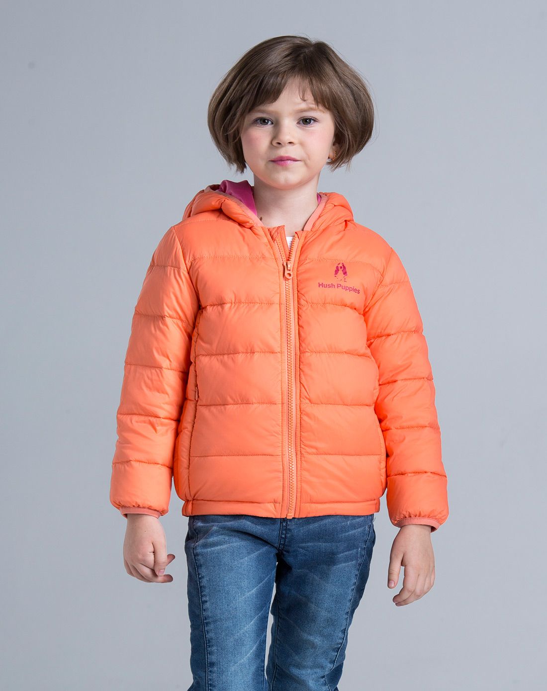 暇步士hush puppies童装专场 女童橙粉色超轻简洁连帽羽绒服