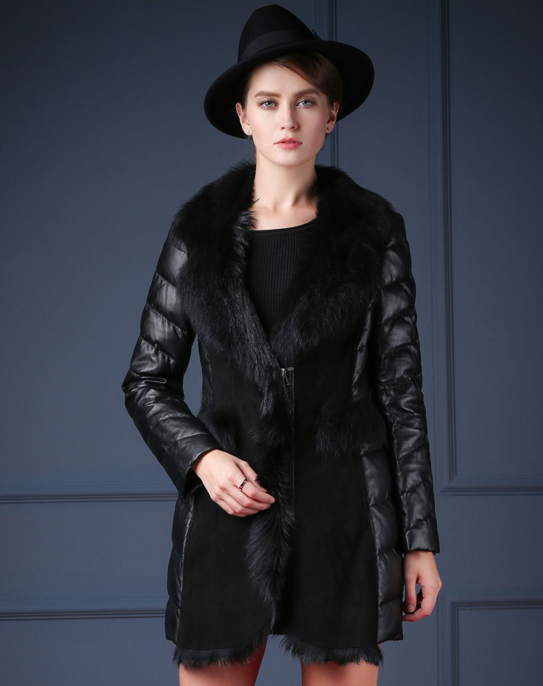 sovogue女士皮草专场女款黑色羊毛皮气质修身皮毛中长款sgp1446023