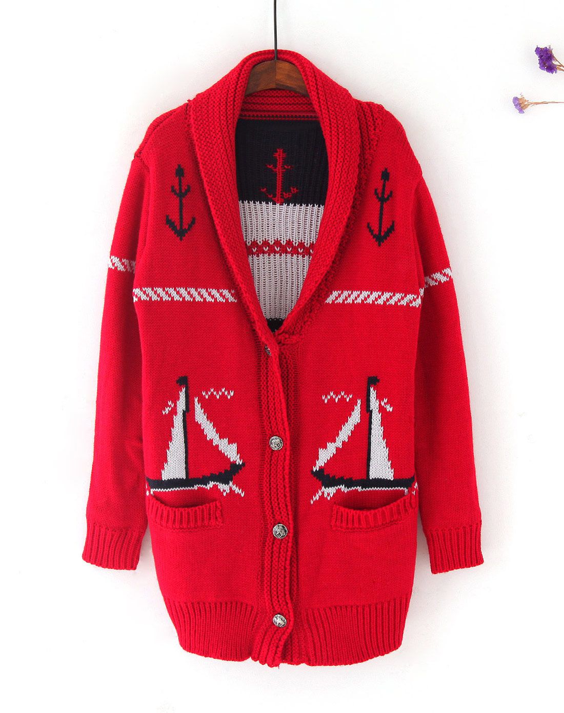 红色帆船提花前开扣中长款毛衣