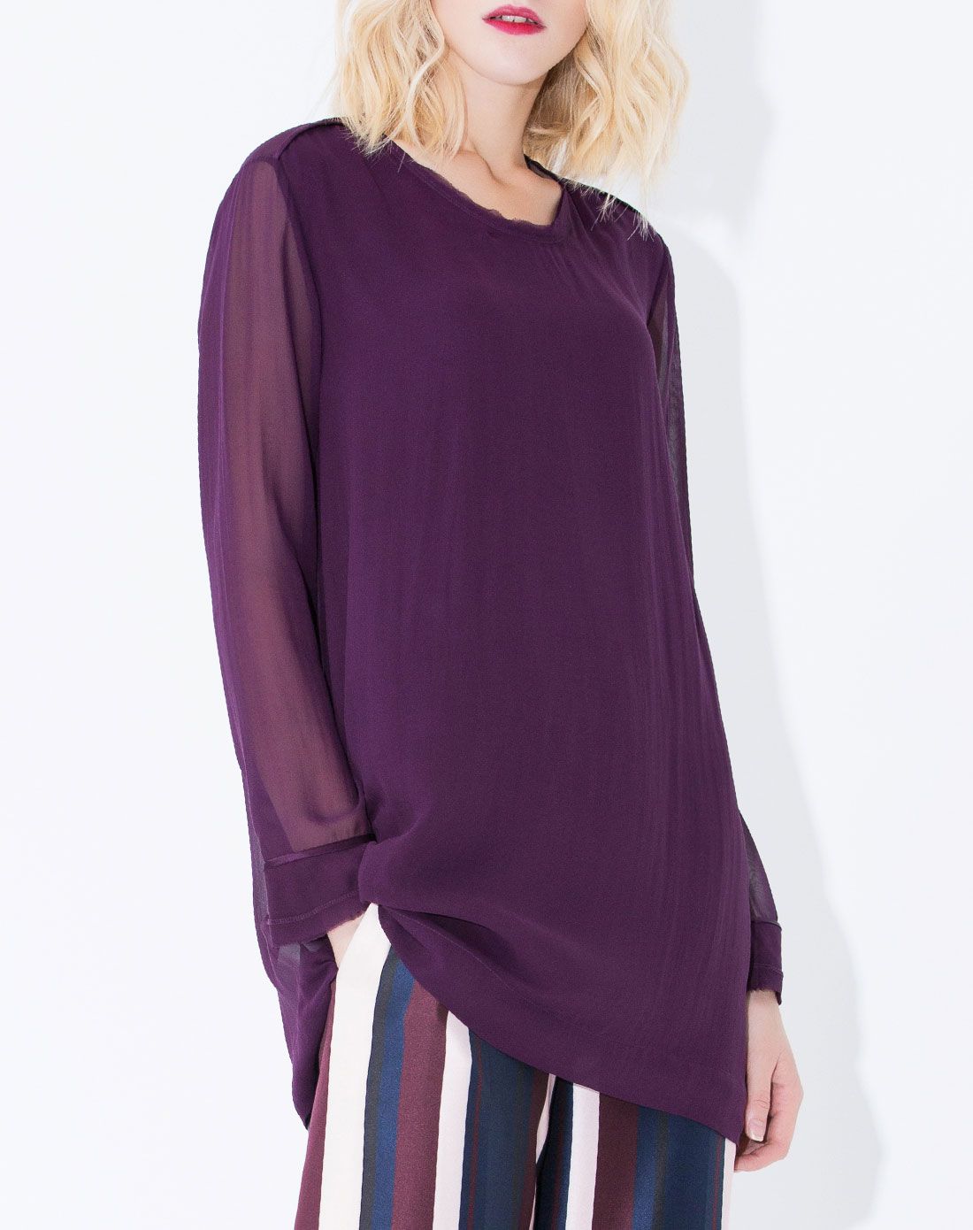 层次拼接套头真丝上衣酱紫色
