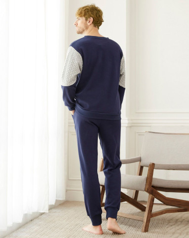 男款睡衣长袖长裤宝蓝加厚家居服套装