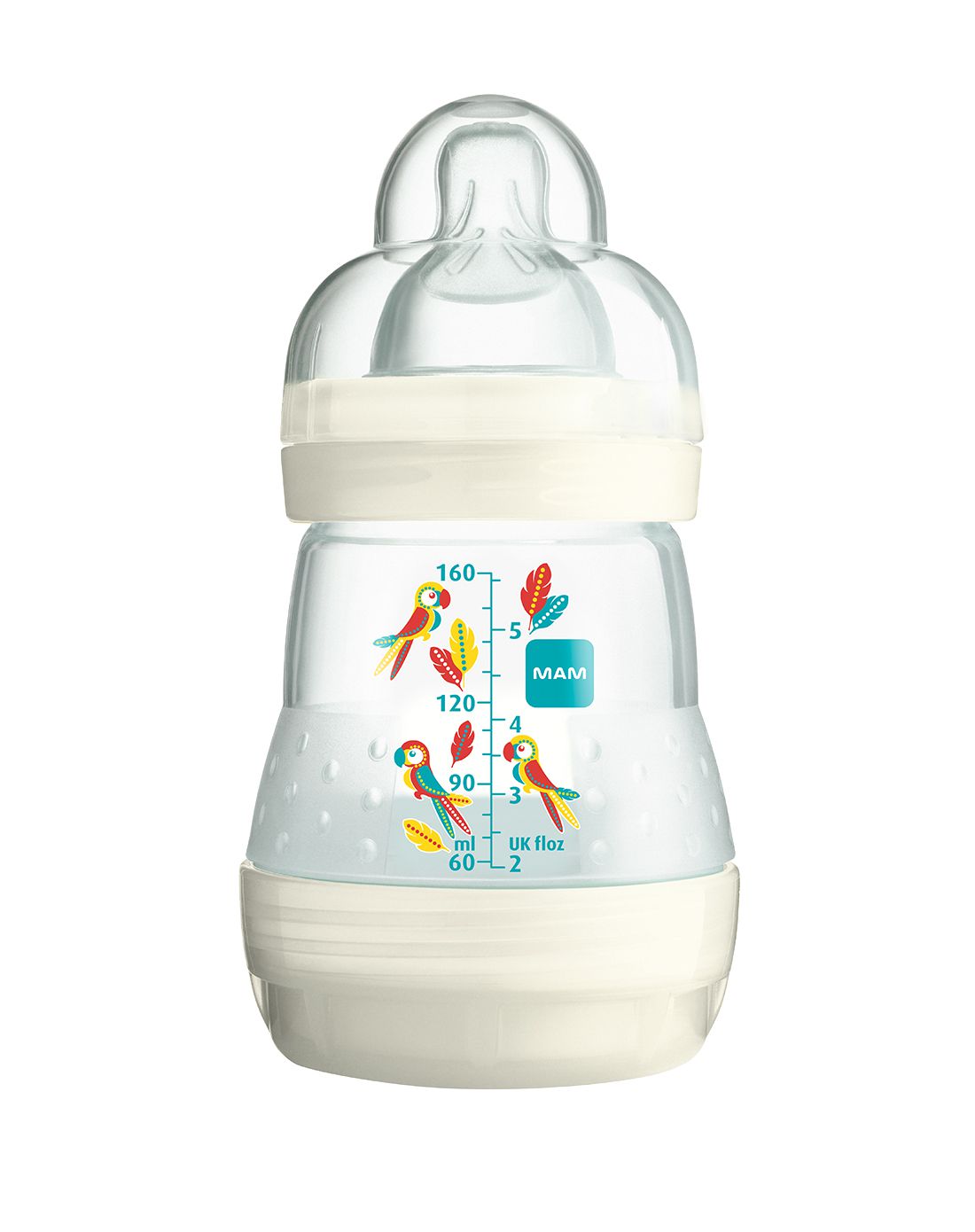 奥地利进口mam防胀气婴儿宽口径pp奶瓶配扁圆奶嘴160ml象牙白