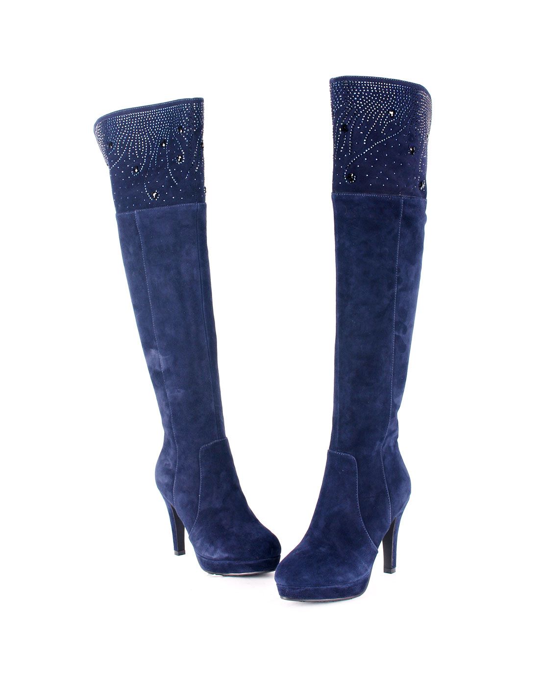 专柜同步款-深蓝色羊猄高跟超长靴