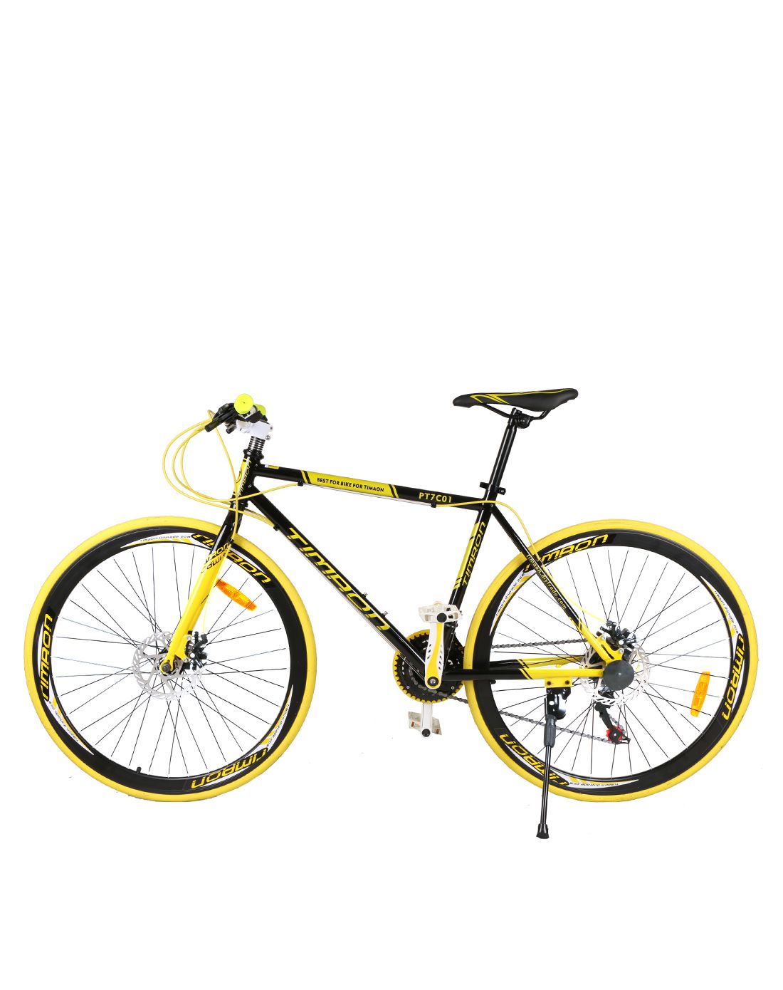 timaon 700c黑黄色shimano 24s速时尚40h刀圈双碟刹公路车tm27glc