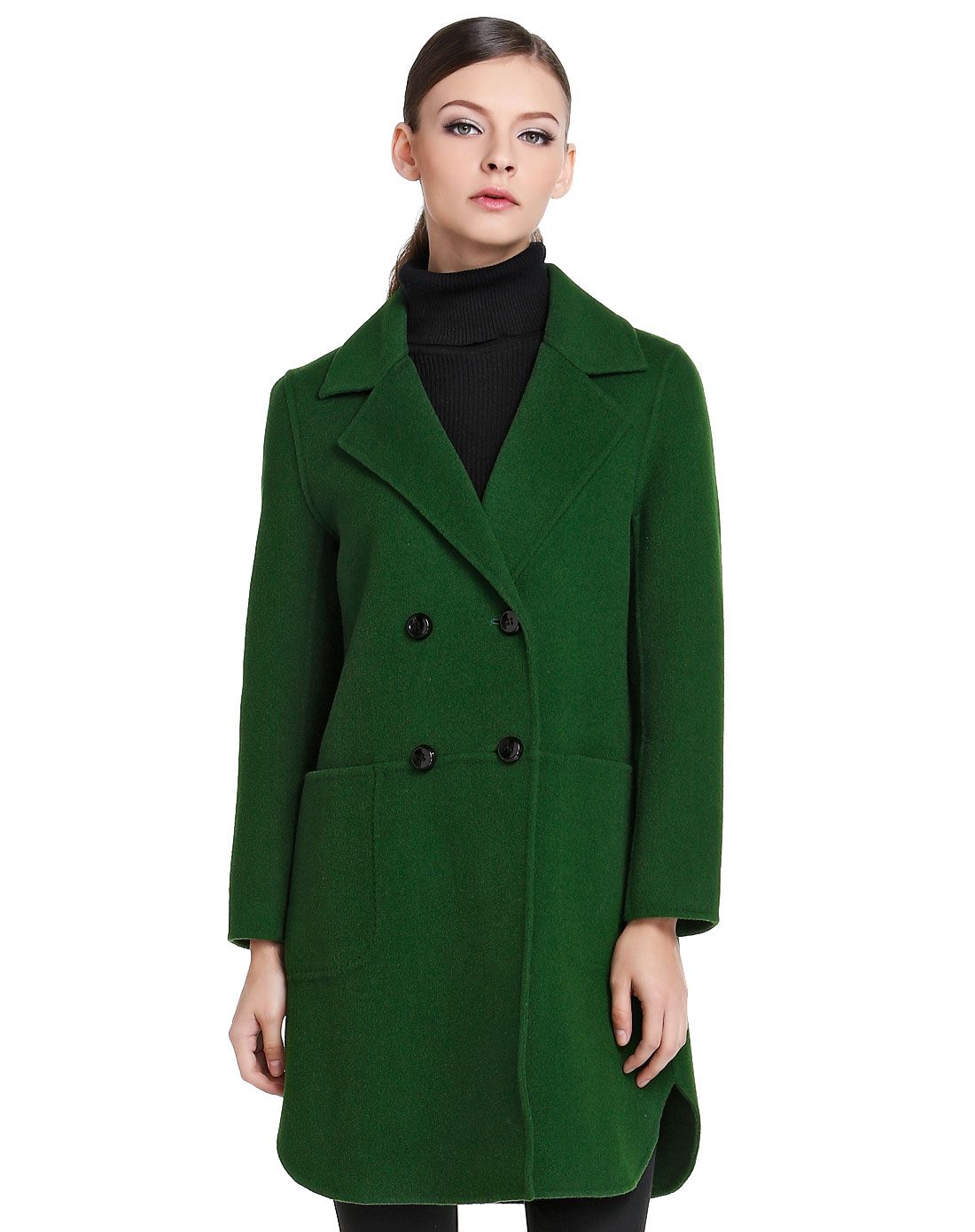 蕾朵liedow女装专场 深绿色职场干练气质长袖长款羊毛大衣