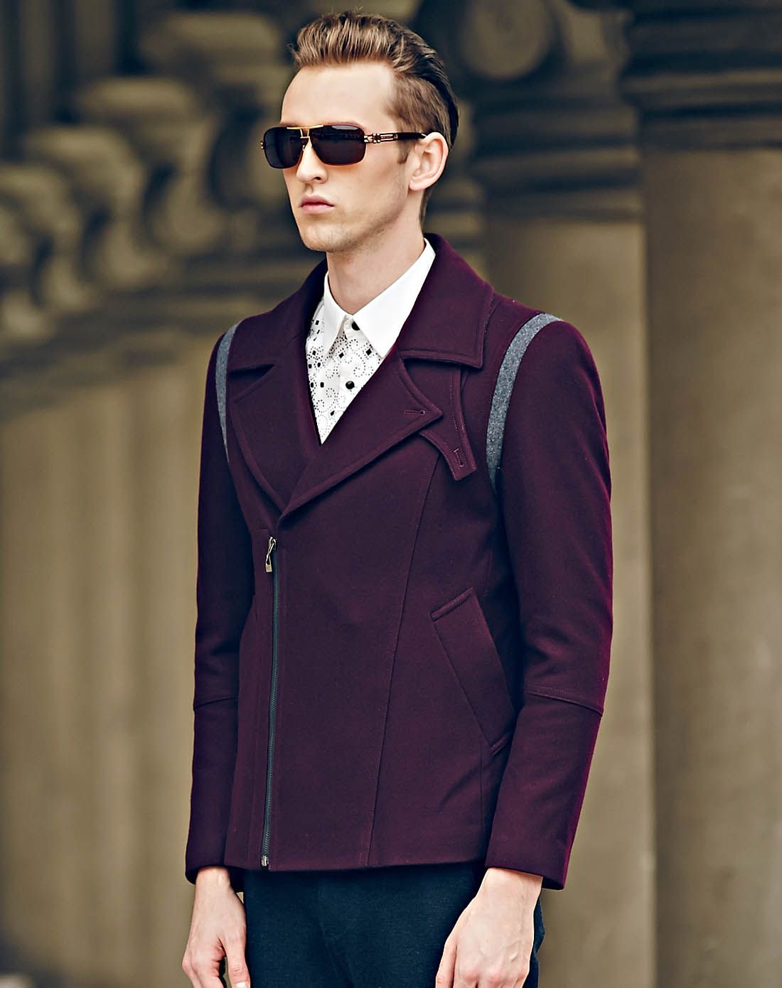 莫畏mwami男装移动端专场莫畏轻奢男士酒红色英伦修身大衣m32dy711102