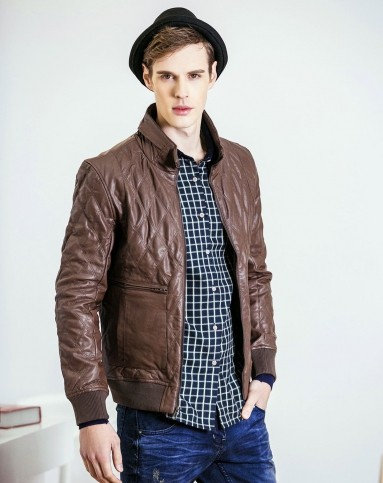 艾夫斯巧克力色立领男皮衣