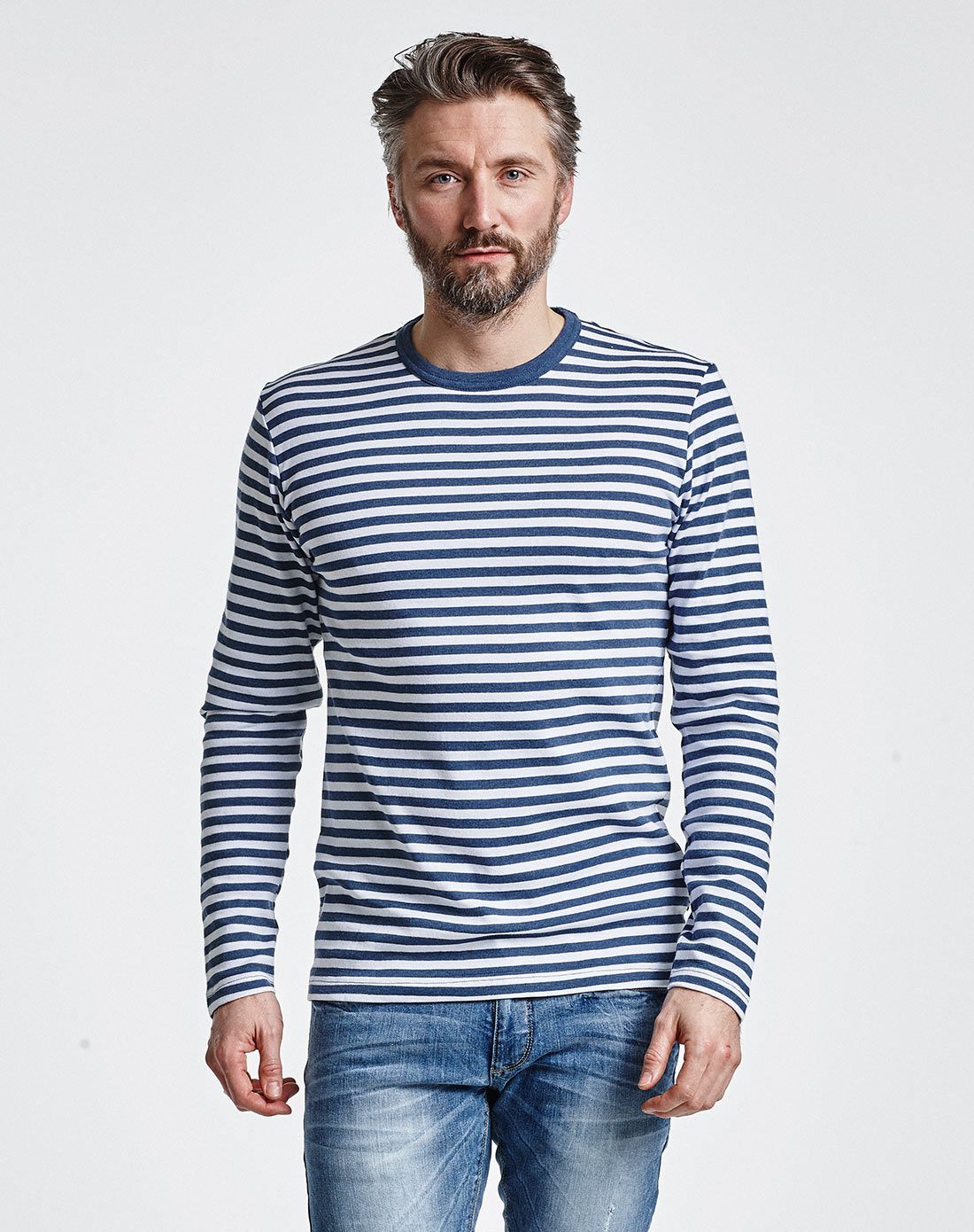 丹麦wagner旗下集合品牌白蓝条纹圆领简约时尚针织t恤衫30-4322700246