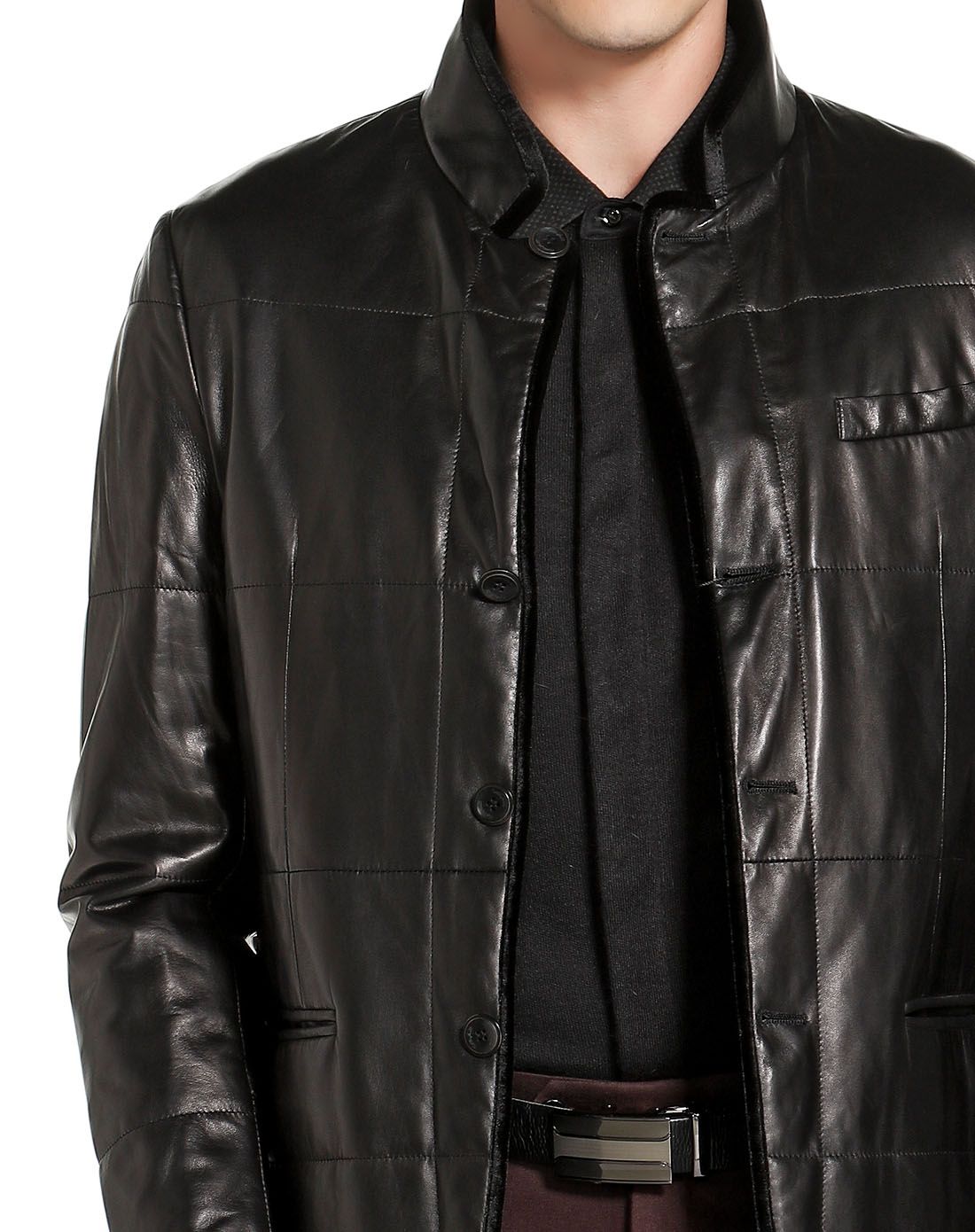 依文&诺丁山男装诺丁山黑咖色亮面立领长袖皮衣nh83210051_唯品会