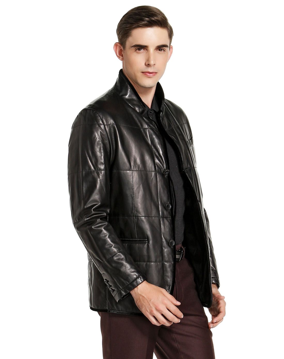 依文&诺丁山男装诺丁山黑咖色亮面立领长袖皮衣nh83210051_唯品会