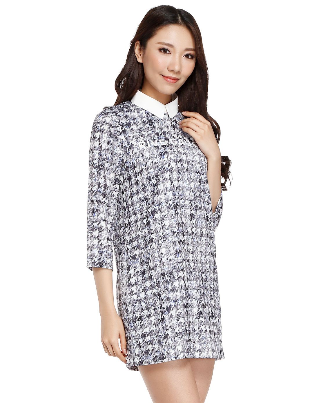 紫褐/白色时尚印花九分袖连衣裙