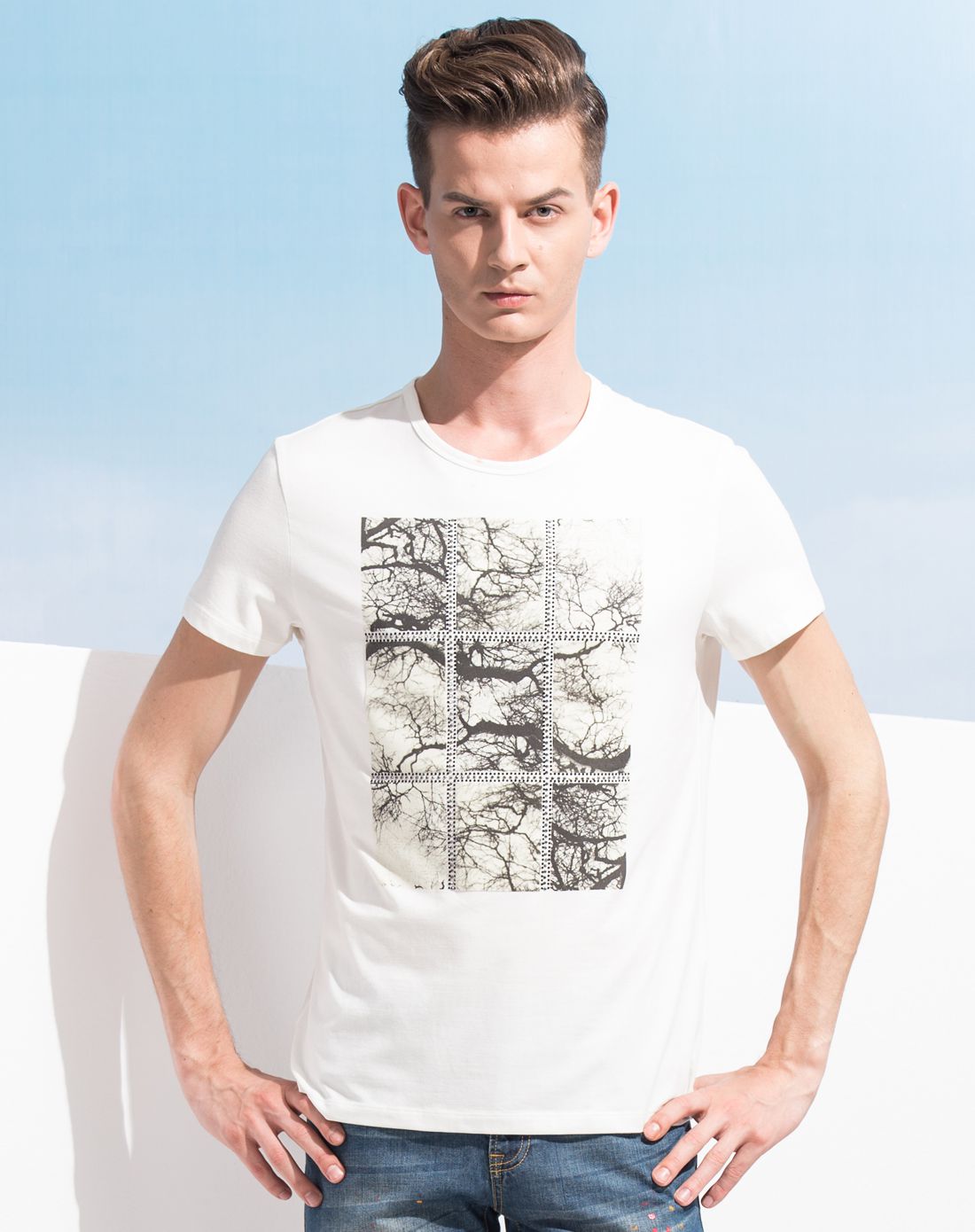 七匹狼旗下swsport米白色时尚印花圆领短t恤衫411303-01_唯品会