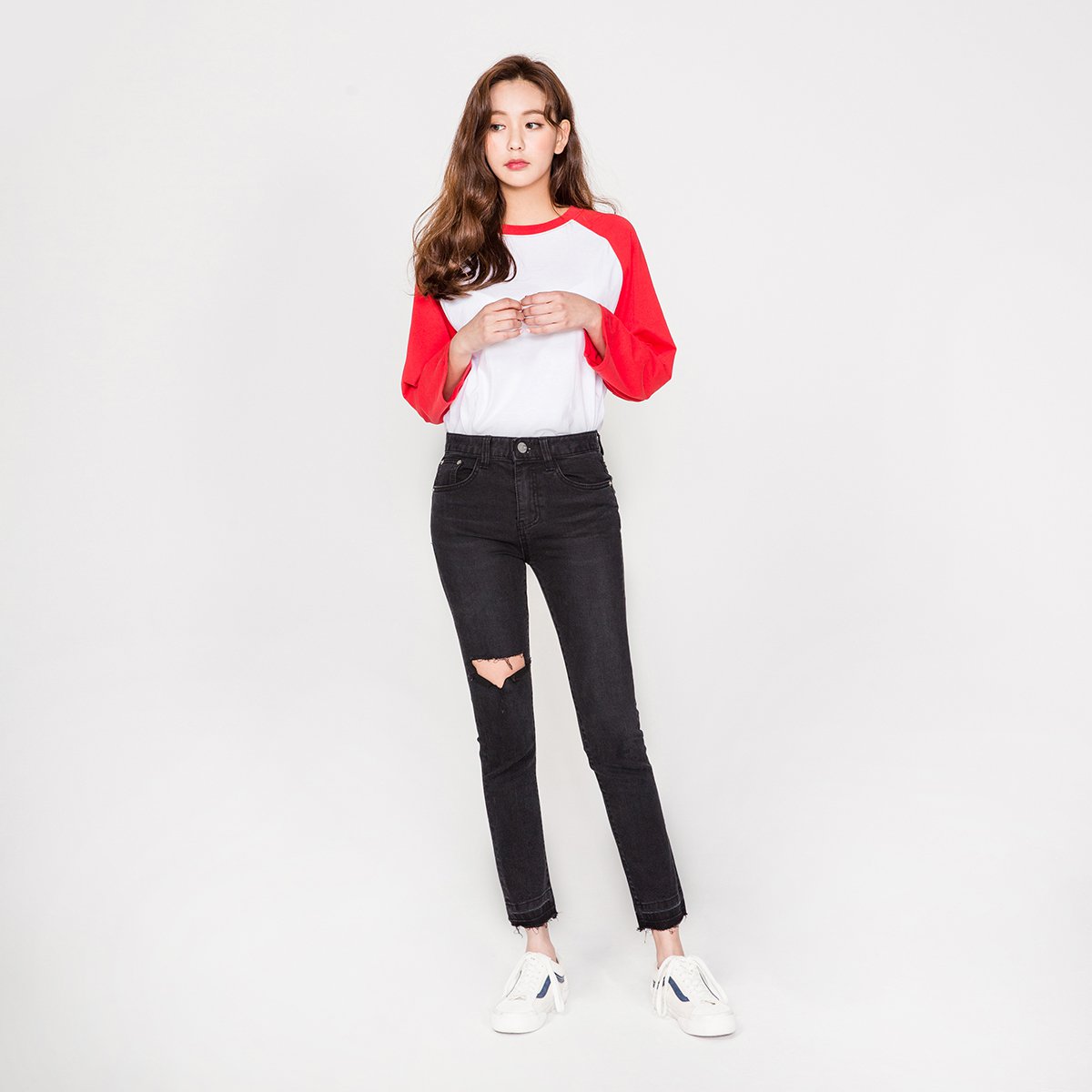 pdf新款韩版黑色修身显瘦破洞毛边姜素拉同款紧身牛仔裤