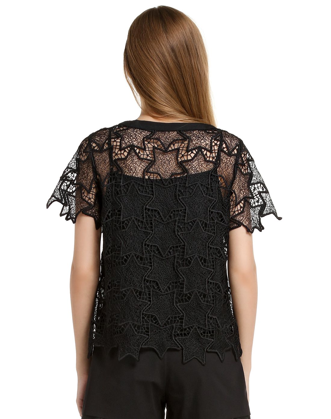 黑色蕾丝镂空短袖上衣