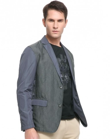 桑蚕丝亚麻混纺拼接工艺灰蓝时尚轻薄半里单西装