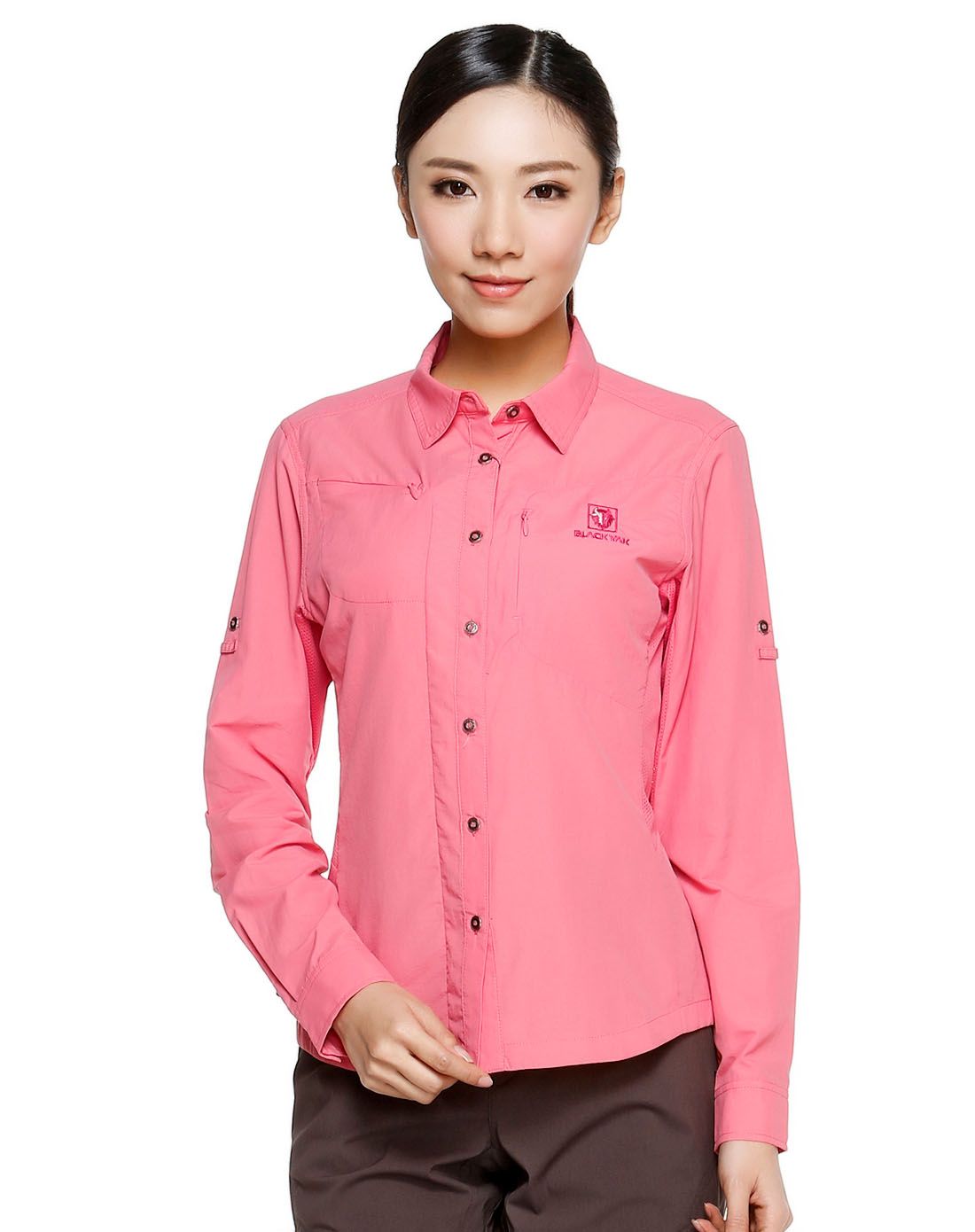 透气舒适 女款浅洋红色长袖衬衫