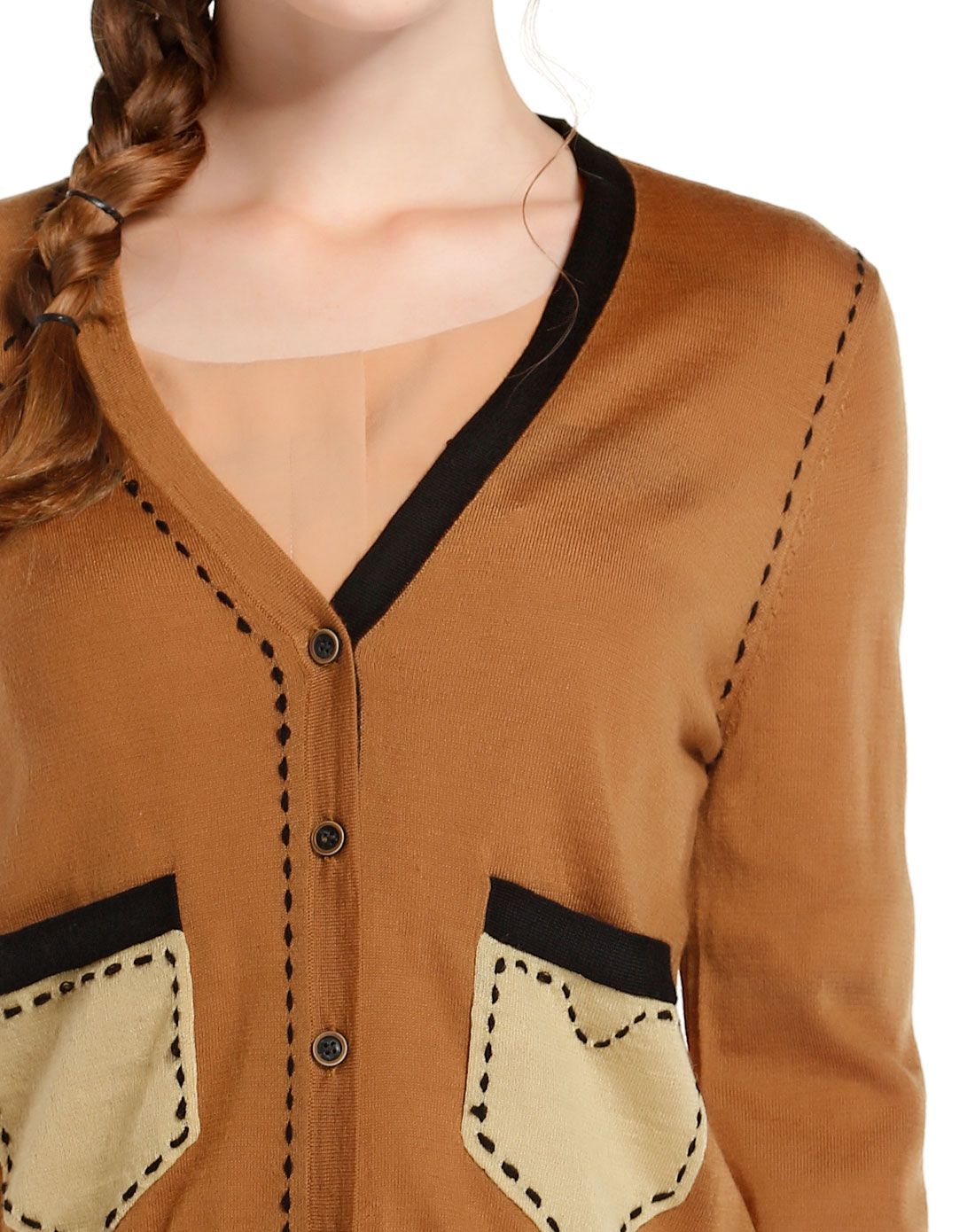 橙棕色典雅精致开襟长袖针织衫