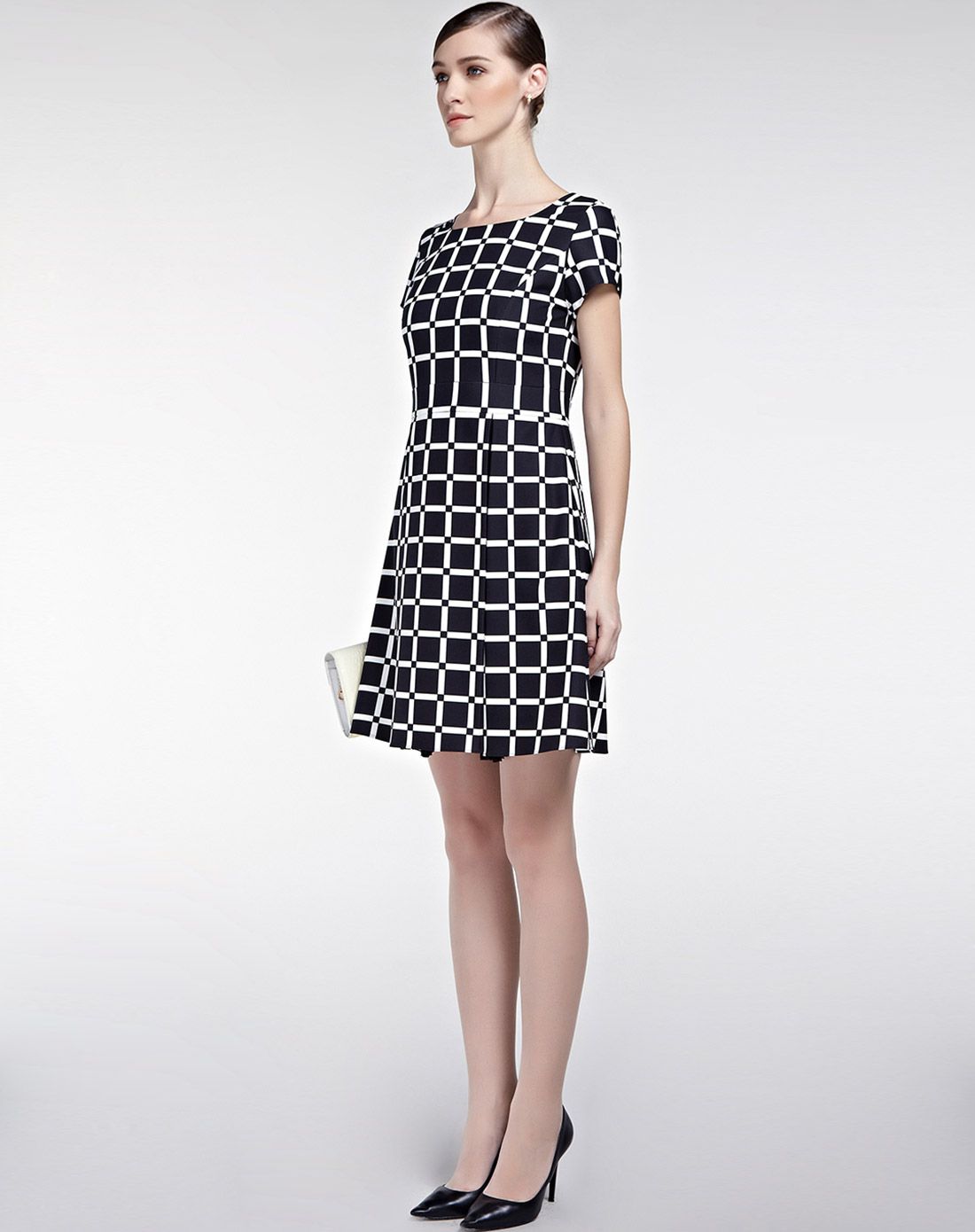 女克白格格子梭织连衣裙