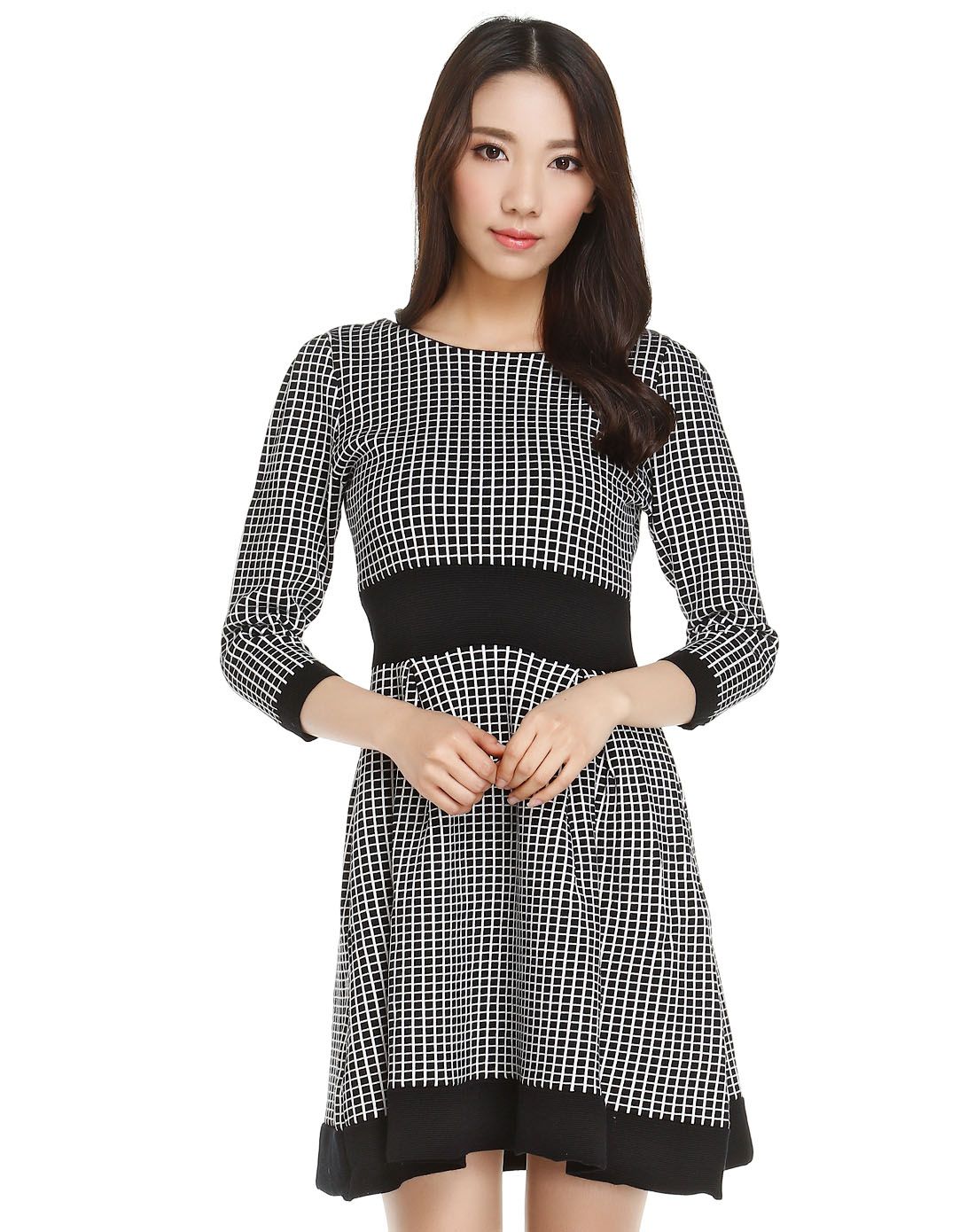 on&on & w. & coiincos女装混合专场 黑/白色格纹淑女针织连衣裙