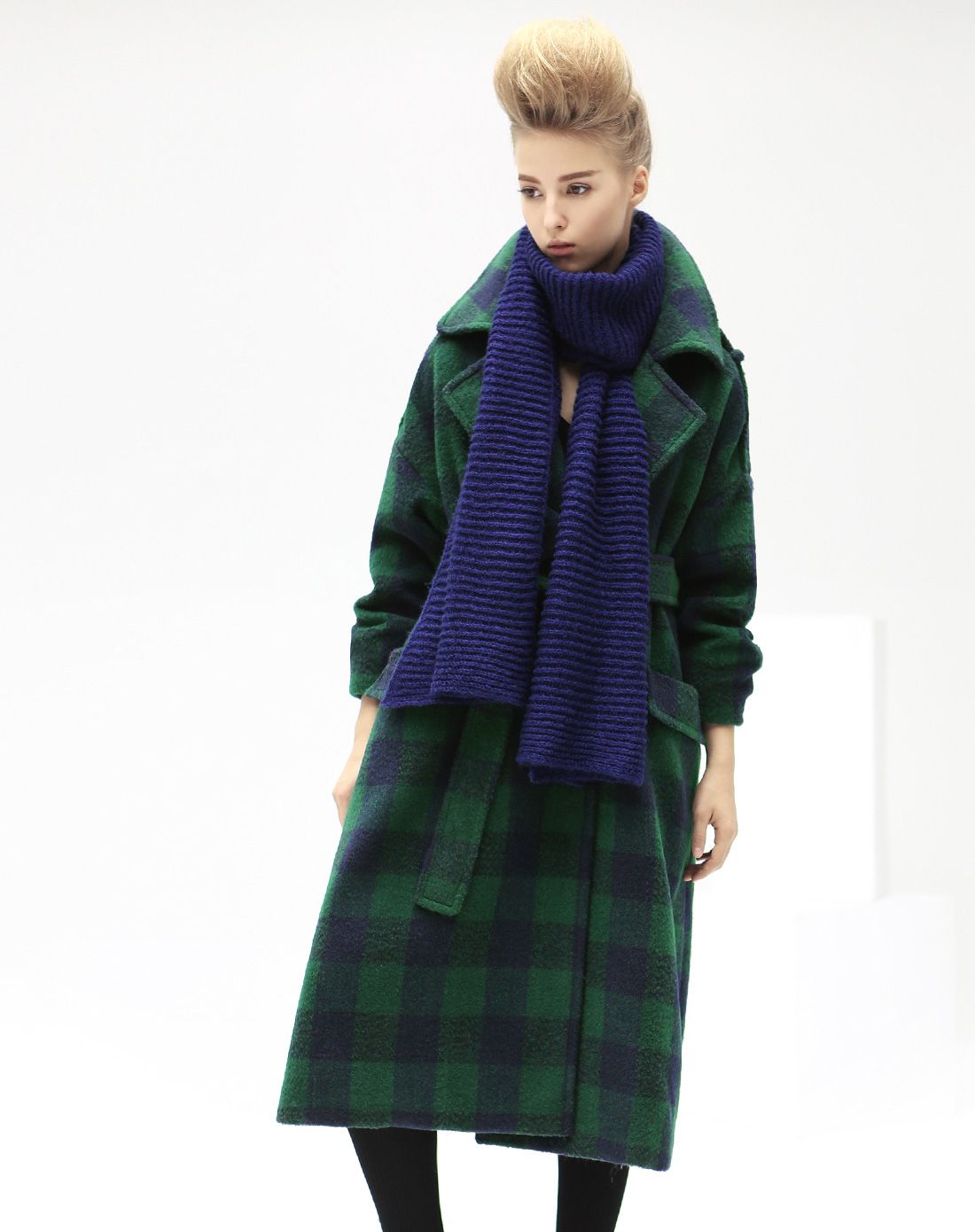 蓝绿格超长羊毛大衣外套