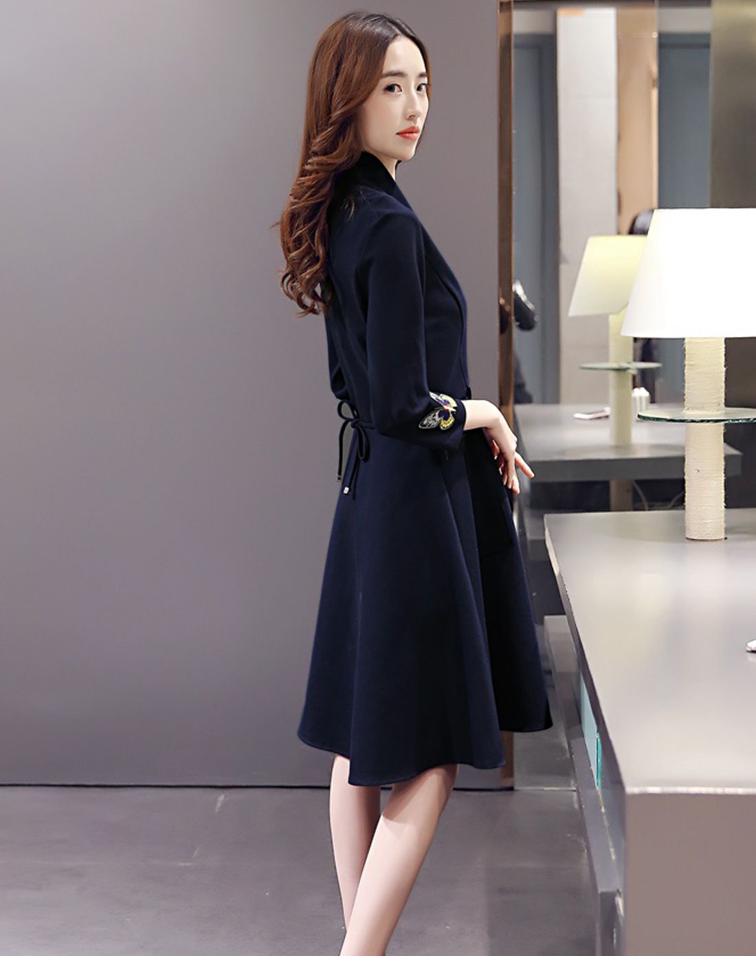 丝柏舍女藏青色简约收腰连衣裙s62a0108a181_唯品会