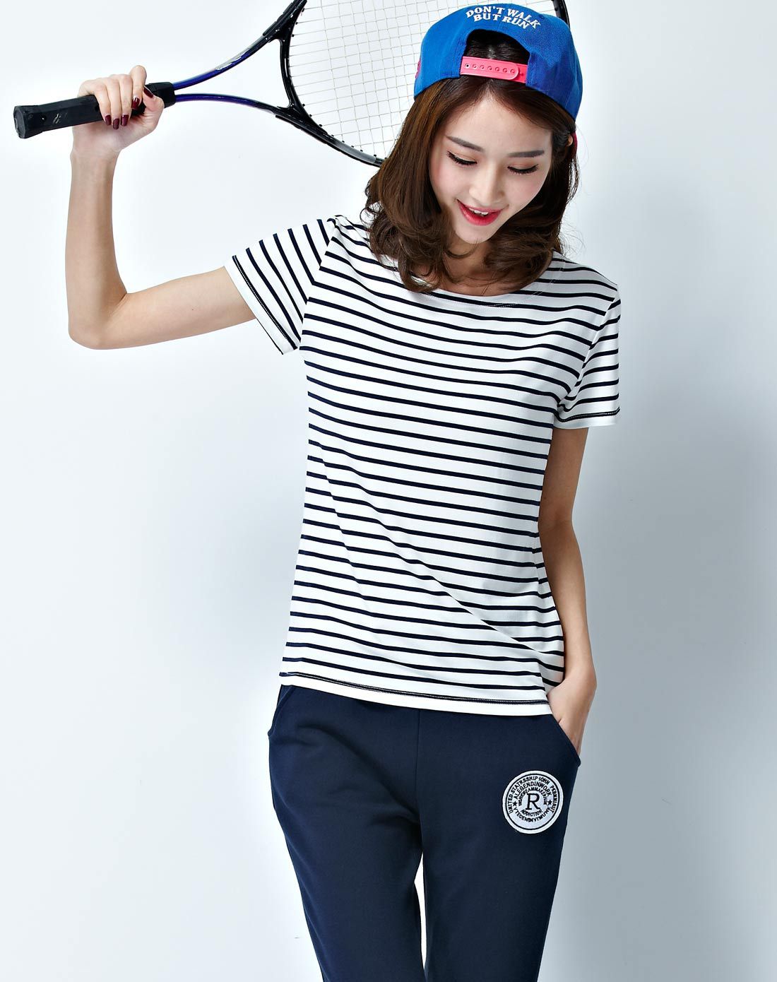 运动健美 女款蓝白条短袖上衣