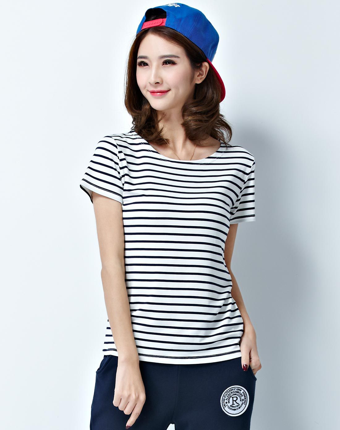 运动健美 女款蓝白条短袖上衣