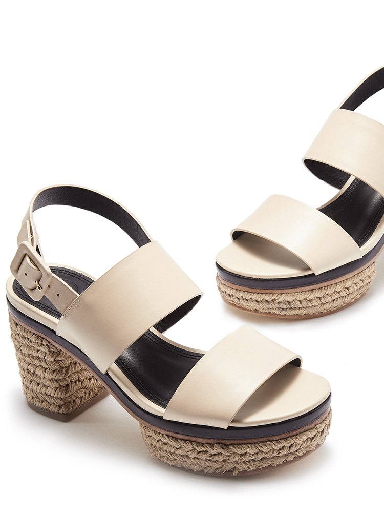 tory burch女款真皮编织中底露趾坡跟凉鞋