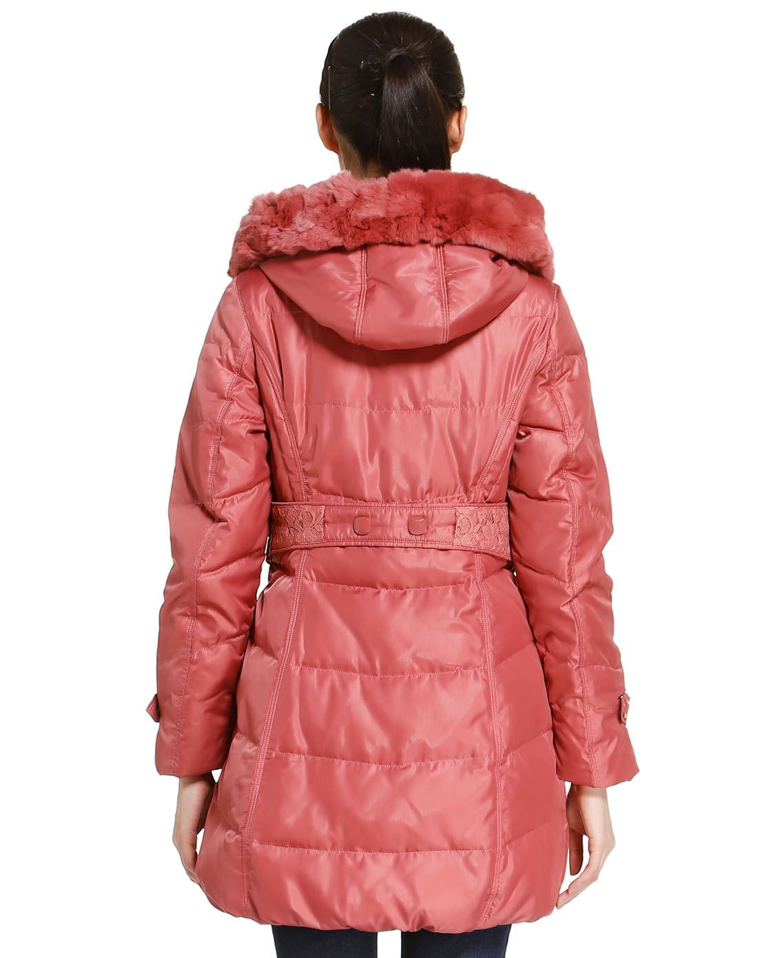 女款暗粉红色典雅连帽双排扣长袖羽绒服