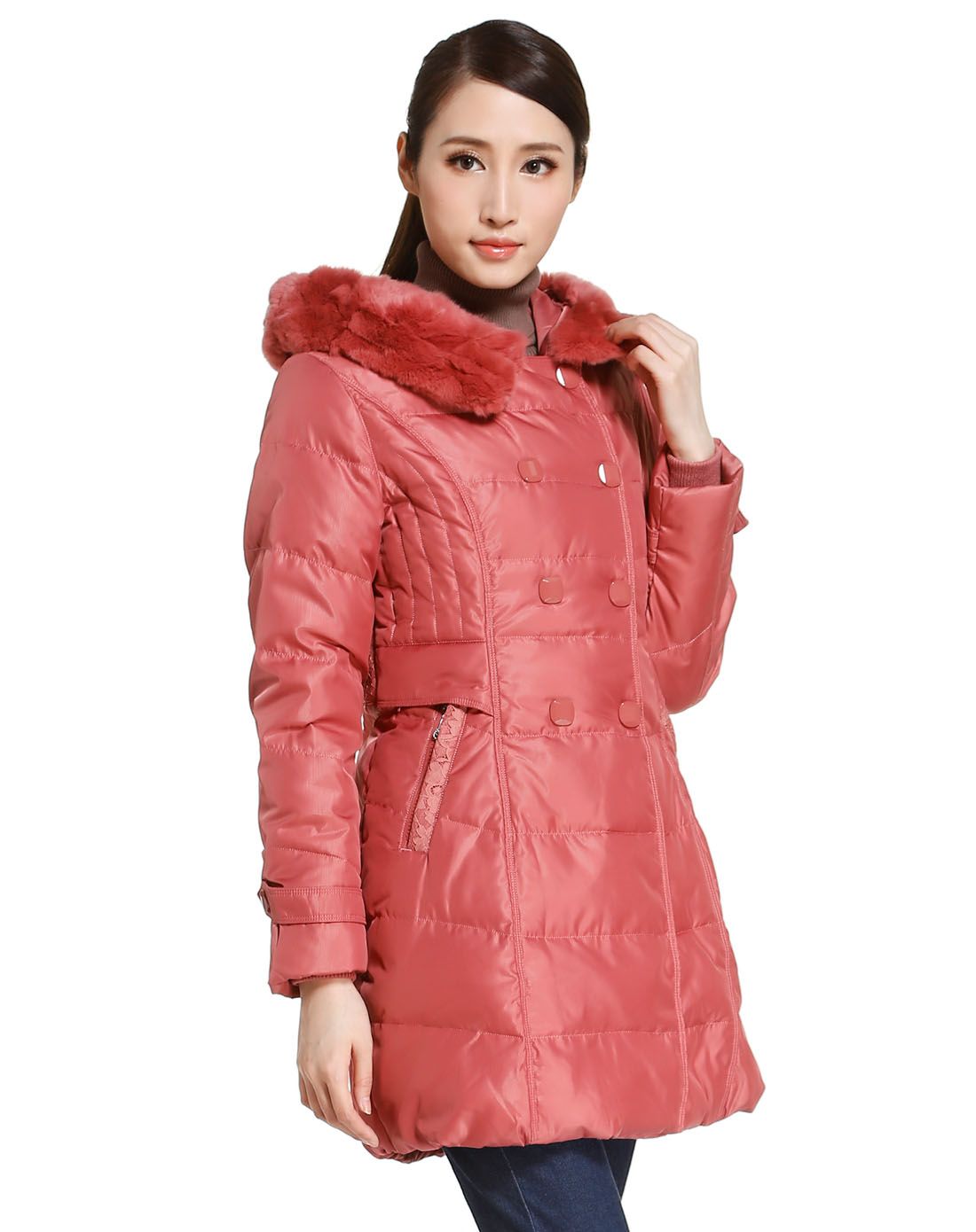 女款暗粉红色典雅连帽双排扣长袖羽绒服