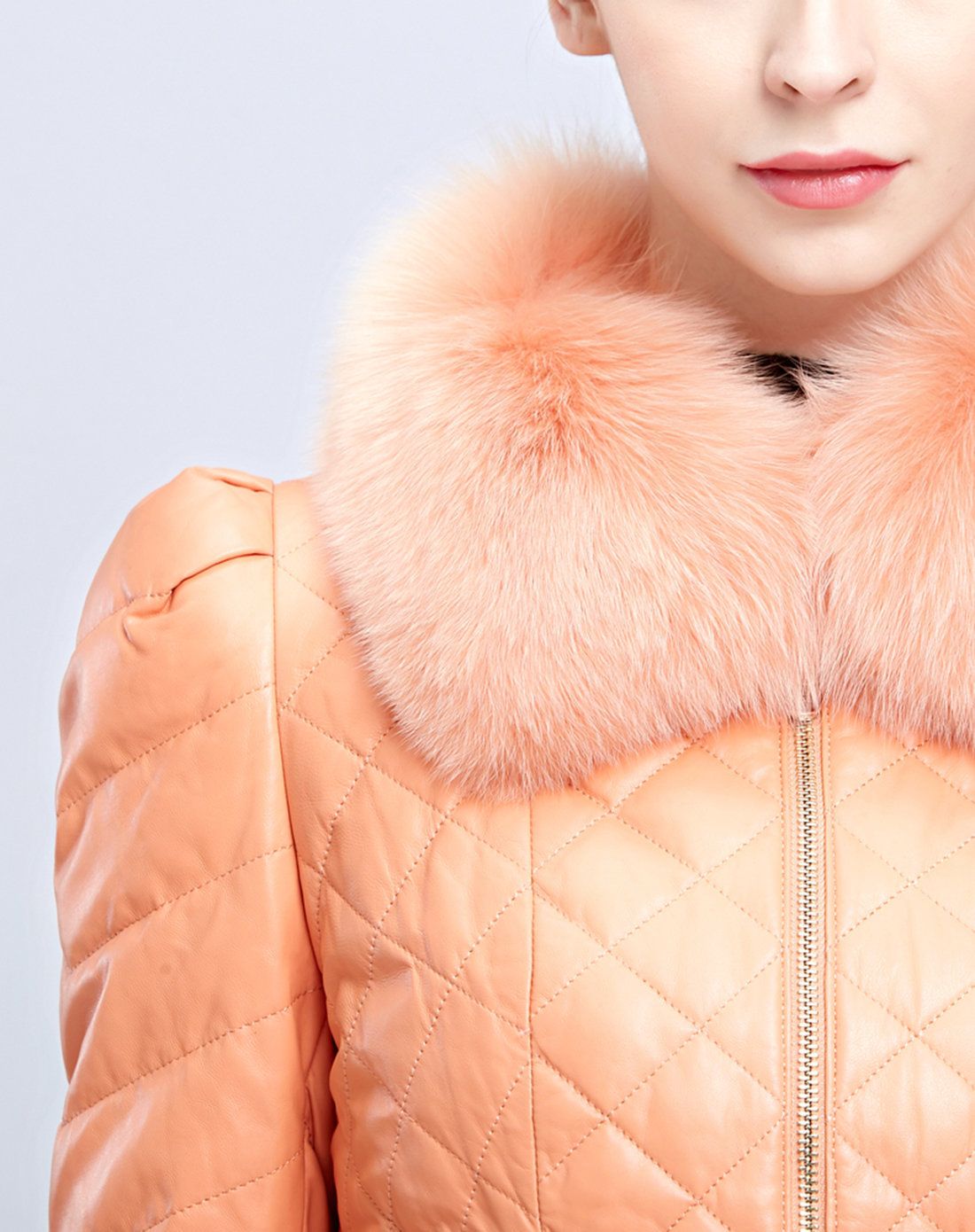 story皮草专场女款杏粉色狐狸毛领绵羊皮羽绒皮衣55w130635_唯品会