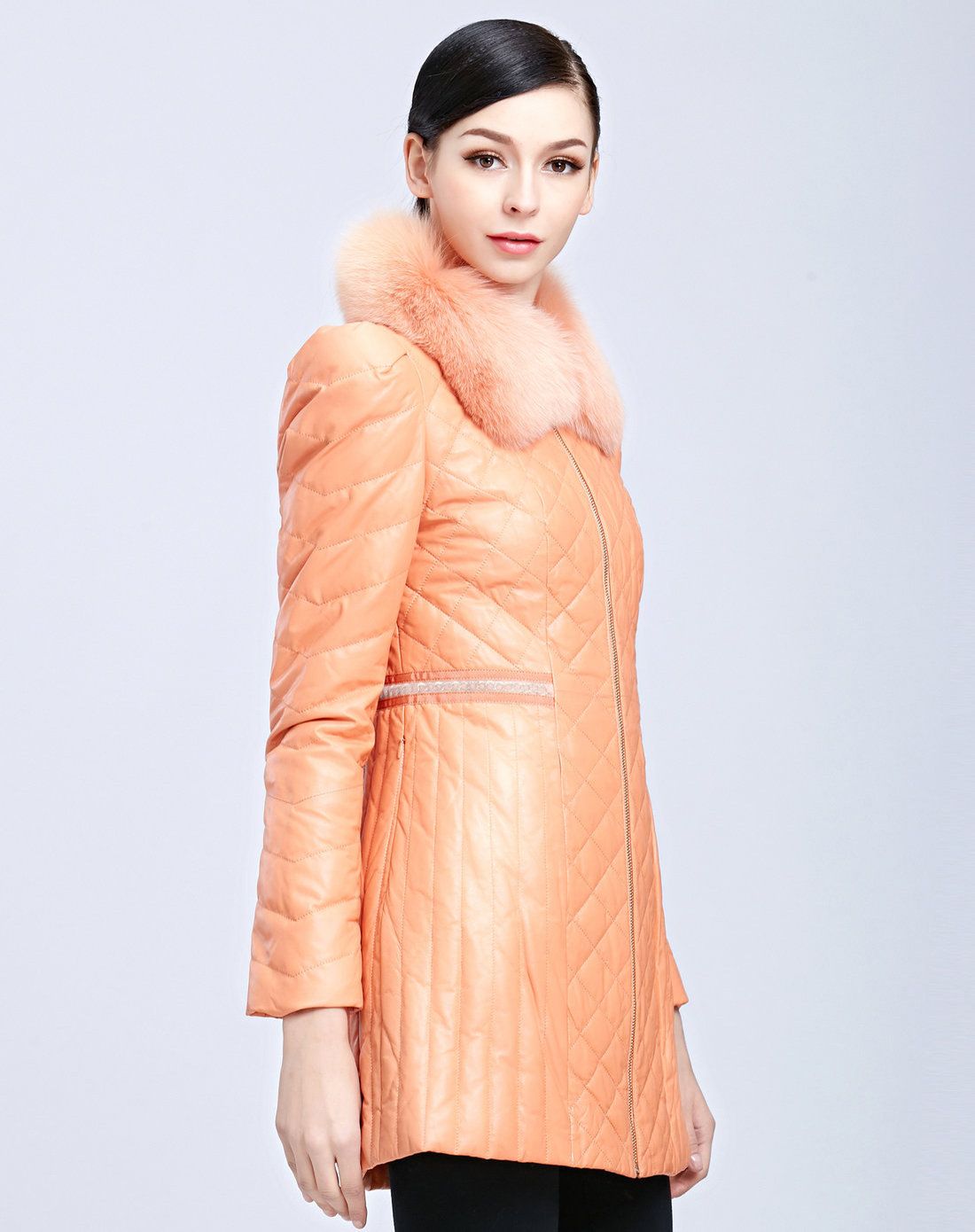 story皮草专场女款杏粉色狐狸毛领绵羊皮羽绒皮衣55w130635_唯品会