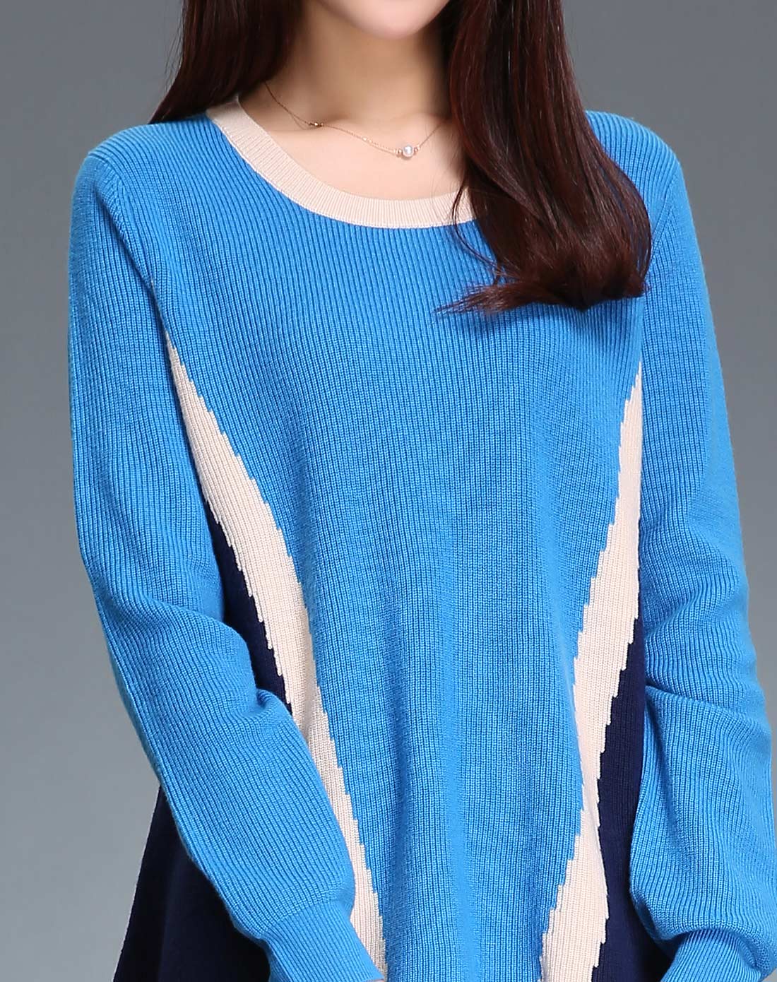 女款蓝/藏蓝色优雅拼接长袖羊毛衫