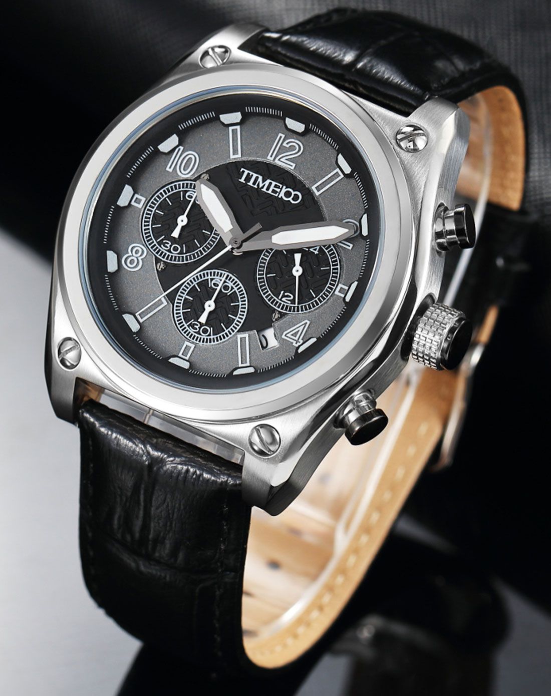 赛车系列 时尚多功能计时真皮石英男表浅灰色