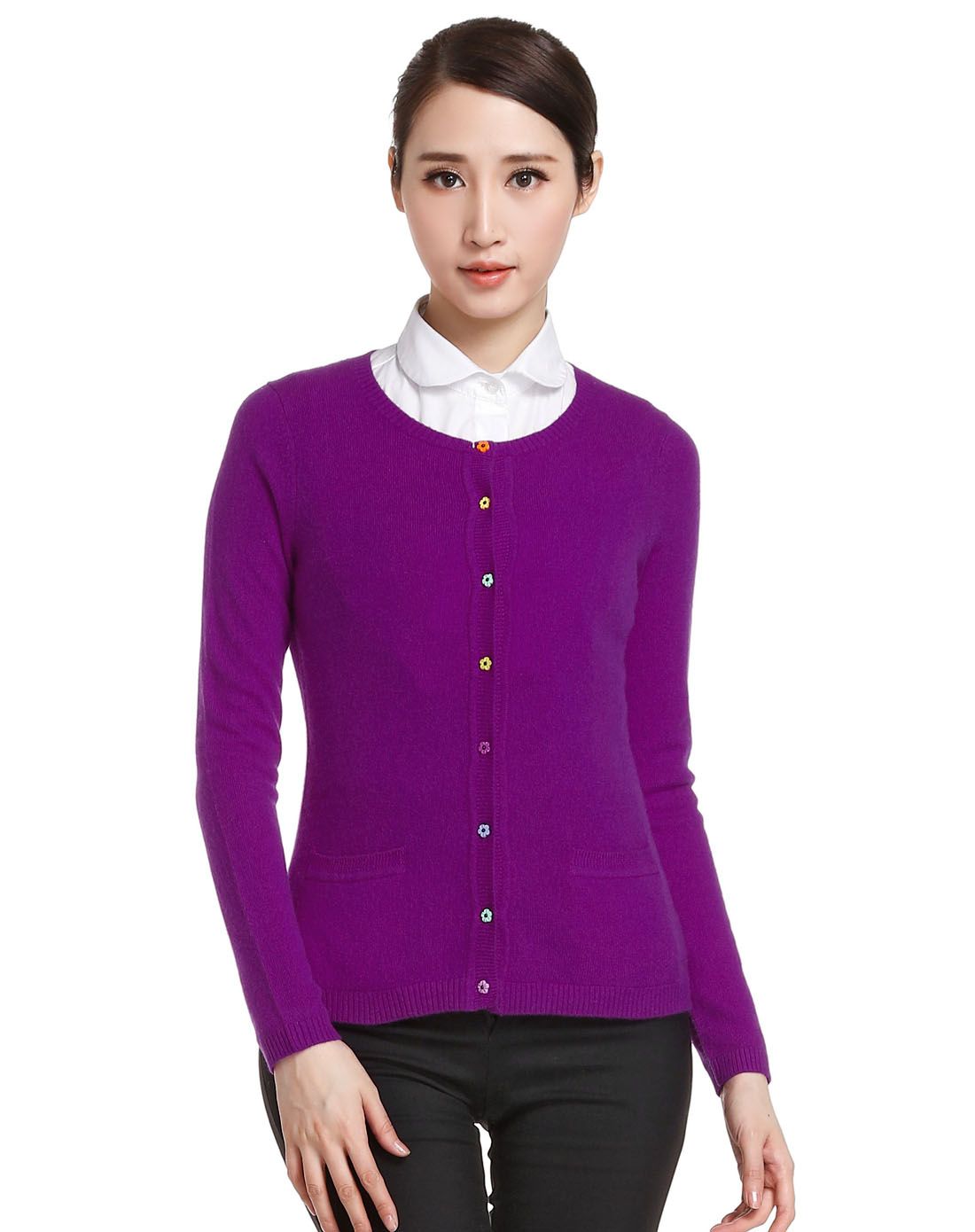 玫紫色潮流开襟长袖山羊绒衫