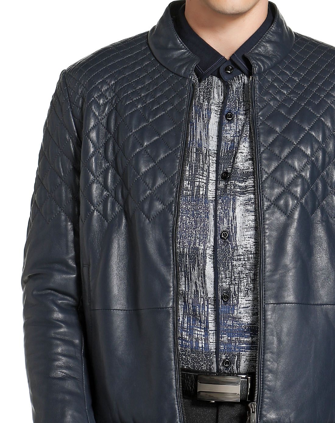 依文&诺丁山男装诺丁山藏蓝色菱格车线拼接长袖皮衣nh83220042_唯品会