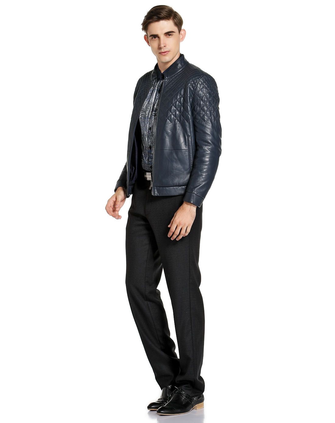 依文&诺丁山男装诺丁山藏蓝色菱格车线拼接长袖皮衣nh83220042_唯品会