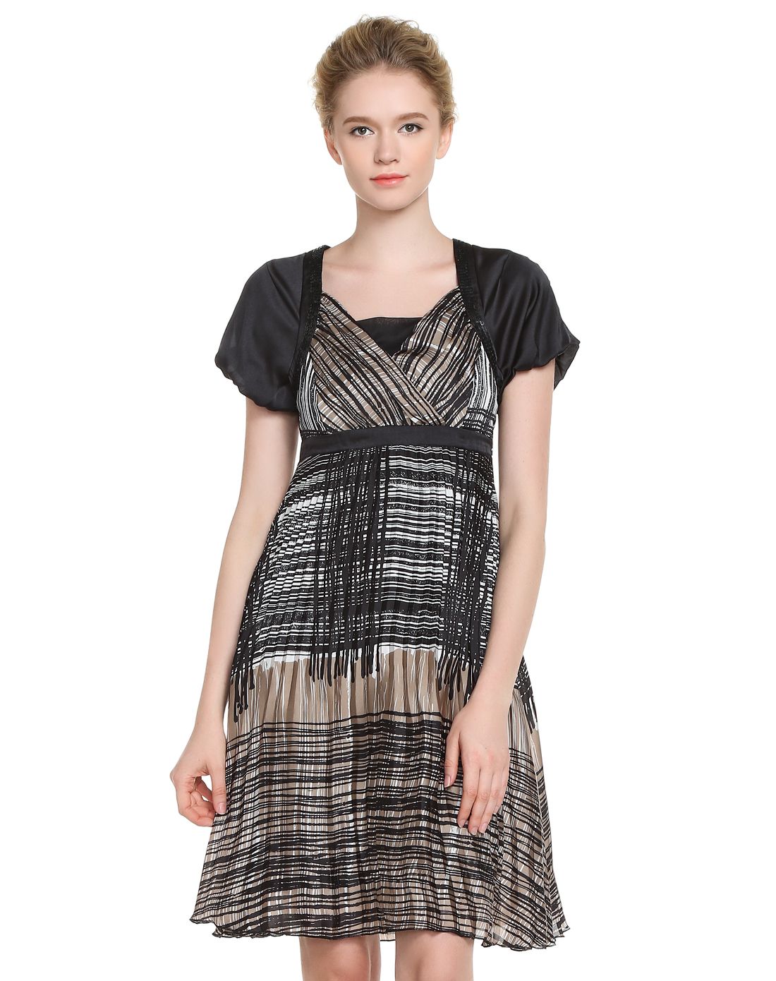 丹尼爱特daniel hechter女装专场 黑蓝/白色成熟优雅短袖连衣裙