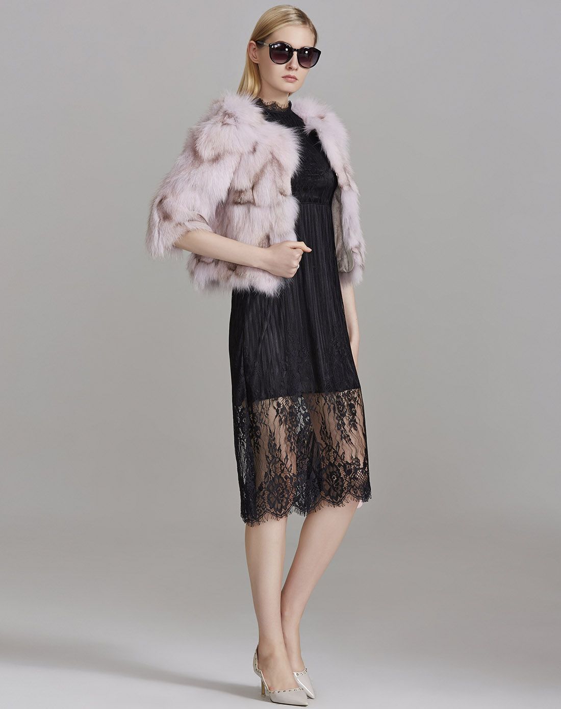 女款浅香芋色狐狸毛外套