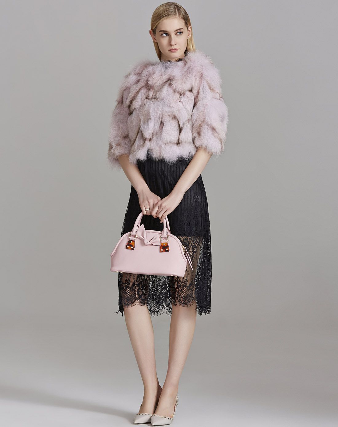 女款浅香芋色狐狸毛外套