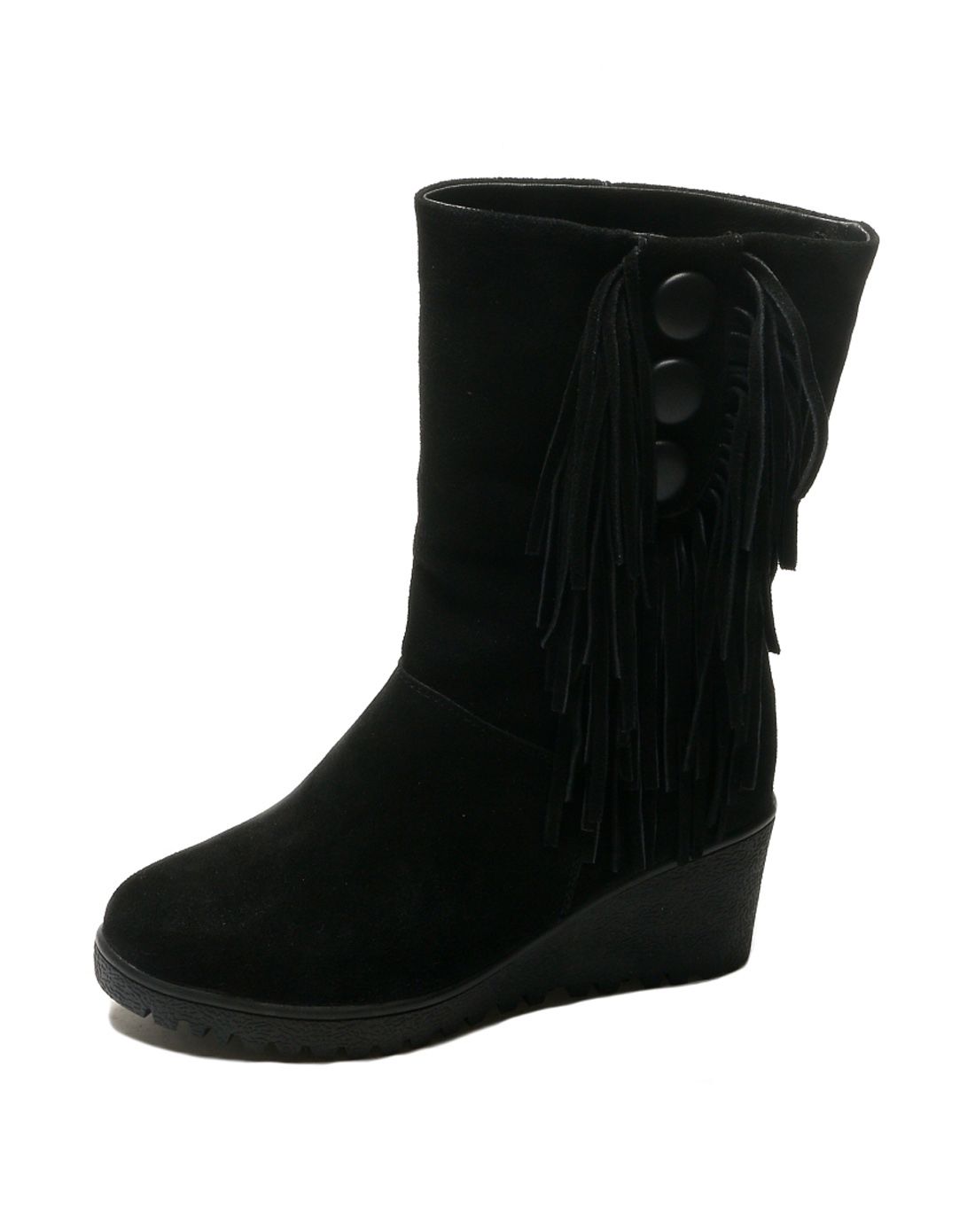 黑色牛皮女鞋保暖流苏靴牛筋底马丁靴