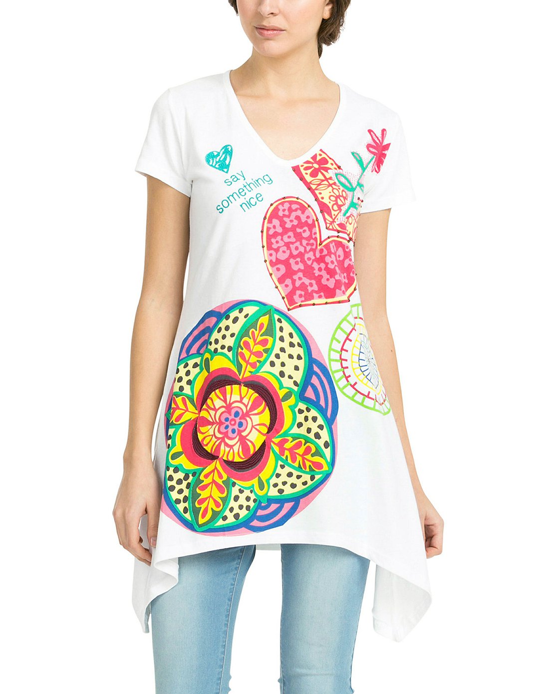 女款白色手绘曼陀罗印花长款v领t恤