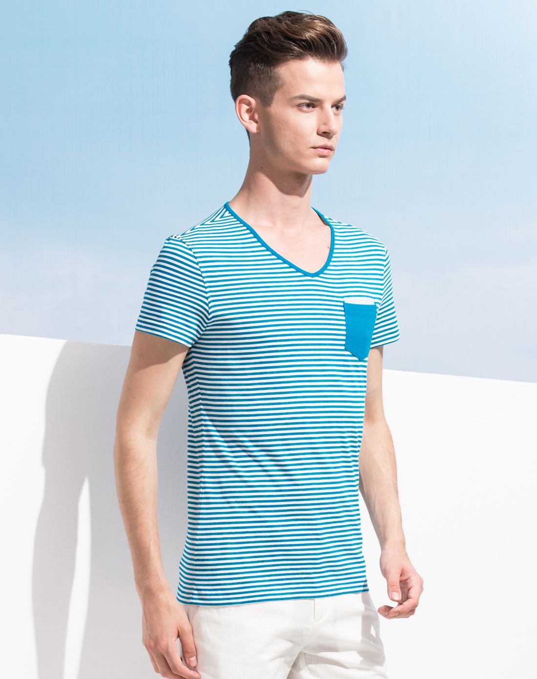 七匹狼旗下swsport1湖蓝色夏日休闲v领短t恤衫411381-01_唯品会